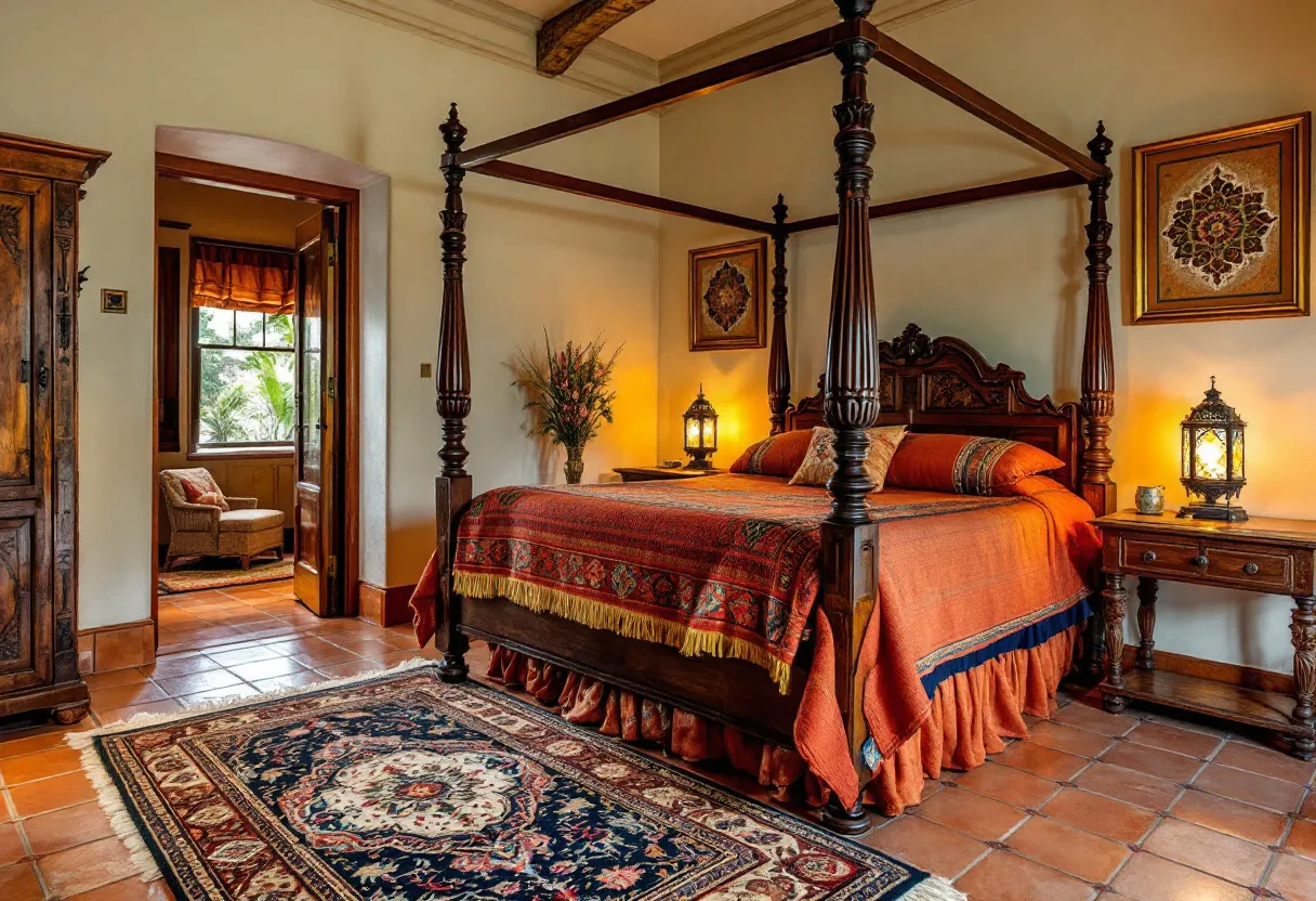 This Spanish bedroom exudes a warm and inviting atmosphere, characterized by its rich, earthy color palette and traditional design elements. The centerpiece of the room is a four-poster bed, adorned with intricately carved wooden details and dressed in vibrant bedding with deep red and orange hues. The bedspread’s patterns echo traditional Spanish motifs, enhancing the room's cultural ambiance. Flanking the bed are wooden nightstands, each topped with ornately designed lantern-style lamps that emit a soft, golden glow, lending a cozy warmth to the space.

Complementing the room’s aesthetic is the terracotta-tiled floor, which adds a rustic charm that is quintessential to Spanish interiors. A beautifully patterned area rug lies at the foot of the bed, offering a touch of softness and additional color. The room’s walls are adorned with framed art pieces that feature intricate designs, adding to the room’s elegance. Natural light filters through an open doorway, leading to a charming sitting area that extends the room's inviting appeal, accented by a potted plant that adds a hint of greenery.