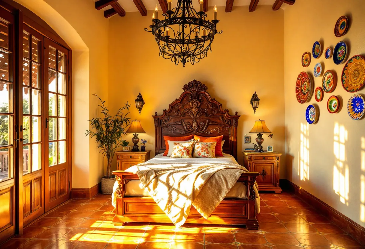 This Spanish bedroom exudes warmth and charm, featuring a blend of traditional and rustic design elements. The richly carved wooden headboard stands as the centerpiece of the room, showcasing intricate designs that reflect Spanish craftsmanship. The bed is adorned with vibrant pillows and a cozy, textured blanket, adding layers of comfort and color to the space. Flanked by elegant nightstands on either side, the room offers ample lighting through traditional lantern-style wall sconces and ornate table lamps, which contribute to a warm and inviting atmosphere.

The room’s terracotta tiled floor complements the warm, earthy tones of the walls and furniture, enhancing the Mediterranean feel. The ceiling features exposed wooden beams, adding an authentic rustic charm. A collection of colorful, decorative plates adorns one of the walls, introducing a lively element that reflects Spanish heritage and artistry. Large wooden-framed windows allow natural light to flood the room, highlighting the textures and colors within and creating a serene, sunlit space.