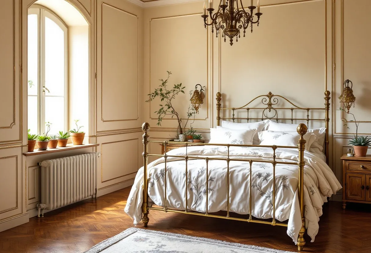 This Spanish bedroom exudes classic elegance with its understated yet sophisticated decor. The centerpiece is an ornate metal bedframe, crafted with intricate scrollwork and finished in a warm, golden hue that complements the room's soft, neutral color palette. The bedding is plush and inviting, featuring subtle floral embroidery that adds a touch of refinement. The room's high ceilings and detailed moldings enhance the sense of grandeur and space, offering an airy and luxurious atmosphere.

Natural light filters through a large, arched window, casting gentle shadows and illuminating the room's well-curated elements. Potted plants on the windowsill bring a touch of greenery, harmonizing with the rustic charm of the wooden nightstand. A chandelier hangs gracefully from above, its wrought iron design echoing the bed's aesthetics and providing an additional layer of elegance. The parquet flooring adds warmth and texture, complemented by a softly patterned rug that unifies the room's sophisticated character.