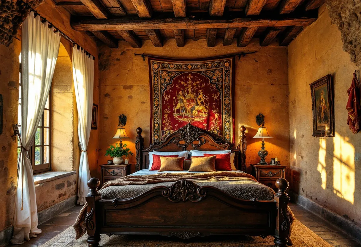 This Spanish bedroom exudes warmth and rustic charm, featuring earthy tones and traditional elements. The walls are constructed from textured stone, providing an authentic, old-world feel complemented by the rich wooden ceiling beams overhead. Natural light filters through large windows draped with flowing white curtains, adding a soft contrast against the robust materials. The room feels cozy and inviting, with a grand wooden bed as its centerpiece, adorned with plush pillows and a sumptuous brown bedspread.

The decor is distinctly Spanish, highlighted by a detailed tapestry hanging prominently above the bed, depicting a vibrant historical scene. On either side of the bed are elegant wooden nightstands, each supporting ornate lamps that add a warm glow to the space. A small vase with fresh greenery adds a touch of nature, while a painting on the wall and other decorative elements enhance the luxurious yet homely atmosphere. The use of rich colors and textures gives the room a timeless appeal, blending traditional aesthetics with comfort.