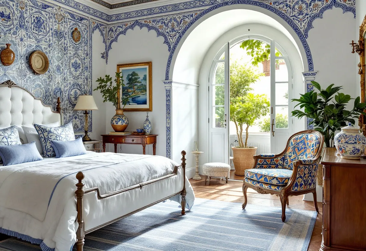 This Spanish bedroom exudes elegance and a rich sense of cultural heritage, primarily through its vibrant use of colors and intricate design elements. The walls are adorned with elaborate blue and white tile patterns that reflect traditional Spanish artistry, creating a visually stunning backdrop. A large arched window, framed with similar decorative tiles, allows natural light to flood the space, enhancing the bright and airy atmosphere. Lush green plants positioned near the window add a touch of nature and freshness to the room.

The room's furnishings contribute significantly to its charm and character. A grand, upholstered bed with a high, tufted headboard takes center stage, its white and blue linens harmonizing with the room’s color scheme. A beautifully crafted wooden chair with colorful upholstery offers a cozy seating option, while a wooden dresser and a vase atop it echo the antique aesthetic. The addition of artwork and decorative plates upon the wall further complements the traditional Spanish theme, completing this luxurious bedroom setting.