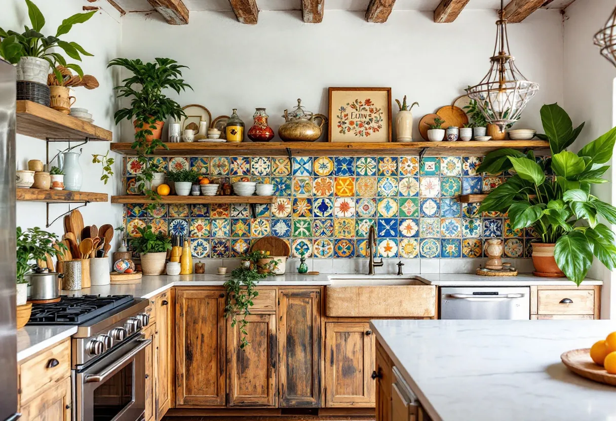 This Spanish kitchen exudes a warm and rustic charm, characterized by its use of natural materials and vibrant colors. The wooden beams on the ceiling and the rustic cabinetry provide an earthy feel that contrasts beautifully with the colorful tiles on the backsplash. These tiles feature traditional Spanish patterns in bright blues, oranges, and greens, creating a lively and inviting atmosphere. Open wooden shelves hold a variety of ceramics and pots, adding to the kitchen's cozy and lived-in feel.

The kitchen also features lush greenery, with plants strategically placed on the shelves and countertops. This not only adds a touch of nature to the interior but also enhances the overall aesthetics with bursts of green. A farmhouse sink and vintage-style faucet bring a classic touch, while the modern stainless steel stove and oven ensure functionality without disrupting the kitchen's traditional look. The lighting fixtures, with their intricate design, provide an elegant finishing touch, blending seamlessly with the rustic environment while offering ample light for culinary activities.