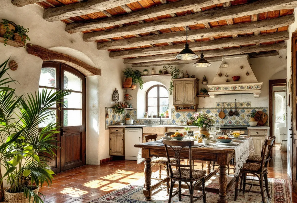 This Spanish kitchen embodies rustic charm and traditional elegance, with its exposed wooden beams stretching across the ceiling, enhancing the cozy atmosphere. The terracotta floor tiles complement the warm wooden elements, tying the space together in harmony. The natural light flooding through the arched window highlights the vibrant colors of the blue and yellow patterned tiles that serve as a backsplash in the cooking area, reflecting a quintessential Spanish aesthetic. This mix of textures and colors creates a welcoming and homely environment.

The kitchen table, positioned centrally, is adorned with a delicate lace tablecloth, surrounded by wooden chairs with woven seats, adding to the rustic appeal. Greenery, placed strategically, brings a touch of nature indoors, while rustic shelves hold decorative items and cookware that contribute to the lived-in feel of the space. The overall setup is enhanced by the presence of traditional cookware and crockery, showcasing a perfect blend of functionality and style. This Spanish kitchen radiates warmth and invites family gatherings and culinary creativity.