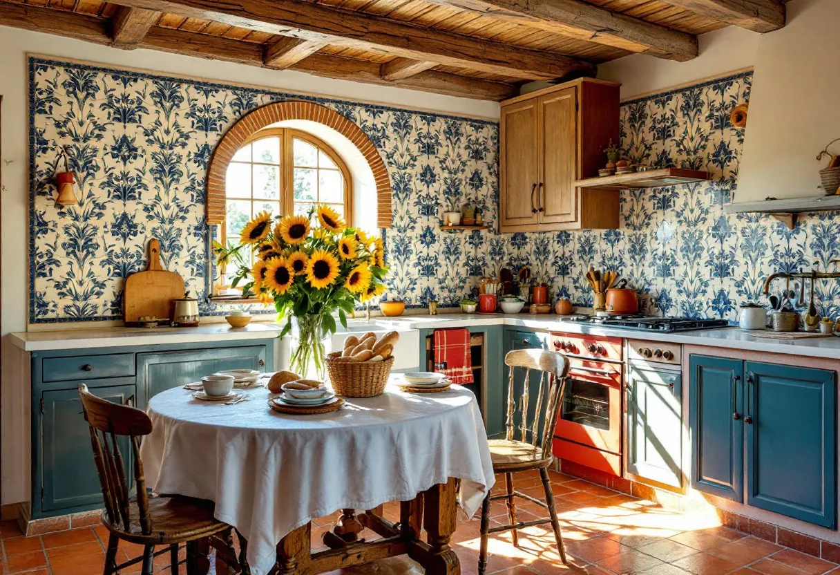 This Spanish kitchen exudes a warm and inviting atmosphere, highlighted by its rustic design elements and vibrant color palette. The room is centered around a charming round dining table, adorned with a crisp, white tablecloth and a stunning arrangement of sunflowers, which add a touch of nature and cheerfulness. The sun streaming through the arched window is beautifully framed by brick accents, casting a soft glow across the kitchen and illuminating the terracotta tiled floor, which adds earthy tones and enhances the room's rustic appeal.

The kitchen's walls are adorned with intricate blue and white patterned tiles that bring a sense of traditional Spanish artistry to the space. The combination of open shelves and wooden cabinets provides ample storage, complementing the exposed wooden beams on the ceiling, which further emphasize the rustic charm. A harmonious blend of blue and wooden cabinetry stands out against the backdrop, while the red accents of the oven offer a bold contrast, showcasing the kitchen’s eclectic color scheme. Overall, this Spanish kitchen harmoniously balances rustic tradition with lively colors, creating a cozy and welcoming environment.