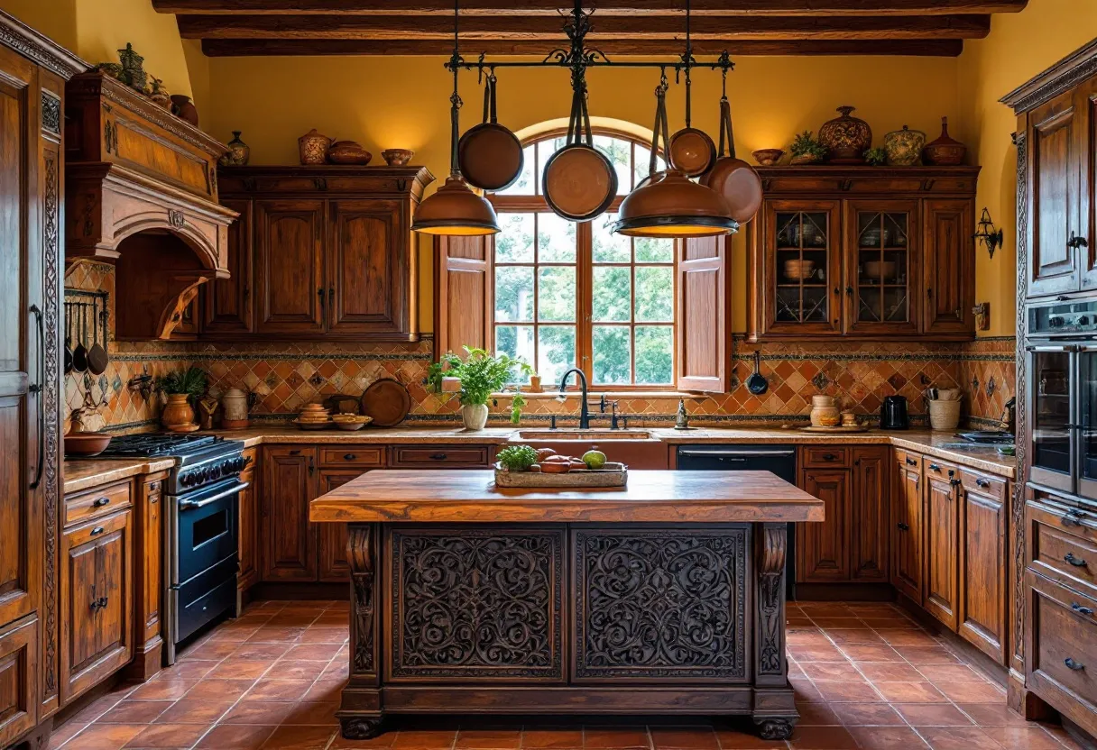 This Spanish kitchen exudes warmth and rustic charm, characterized by rich wooden cabinetry and a central island with intricate carvings, reflecting traditional craftsmanship. The earthy tones of the terracotta floor tiles complement the woodwork, creating an inviting atmosphere. A large, arched window allows natural light to flood the space, highlighting the decorative elements and enhancing the Mediterranean-inspired aesthetic. Copper pans hanging from an elegant wrought iron rack further accentuate the kitchen's classic style.

The backsplash, adorned with hand-painted tiles in warm, earthy shades, adds vibrant character to the kitchen. The blend of textures, from the smooth countertops to the detailed cabinetry, reflects a harmonious balance between functionality and style. Greenery placed subtly around the room brings a touch of nature indoors, enhancing the kitchen's fresh and welcoming vibe. Overall, this Spanish kitchen is a perfect blend of tradition and warmth, offering a cozy and functional space.