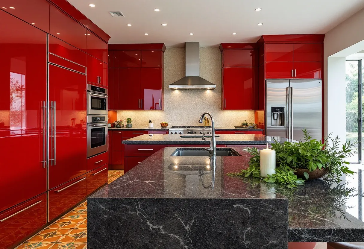 This Spanish kitchen features a vibrant and bold aesthetic, with striking red cabinetry that immediately catches the eye. The glossy finish of the cabinets adds a modern touch, while their ample storage space ensures practicality. The integrated stainless steel appliances, including a double oven and a large refrigerator, complement the overall design by providing a sleek, cohesive look. The lighting, embedded into the ceiling, further enhances the contemporary feel by casting a warm glow throughout the kitchen.

The centerpiece island, topped with a luxurious black marble countertop, not only provides additional workspace but also serves as a stylish focal point. The island includes a built-in sink, making it highly functional for meal preparation. Adding a touch of nature, a potted green plant and a decorative candle accentuate the countertop, offering a refreshing contrast to the bold reds and sleek metallics. The kitchen floor, with its traditional Spanish tile pattern, ties the space together by adding a subtle yet distinctive charm that balances the modern elements with classic cultural influences.