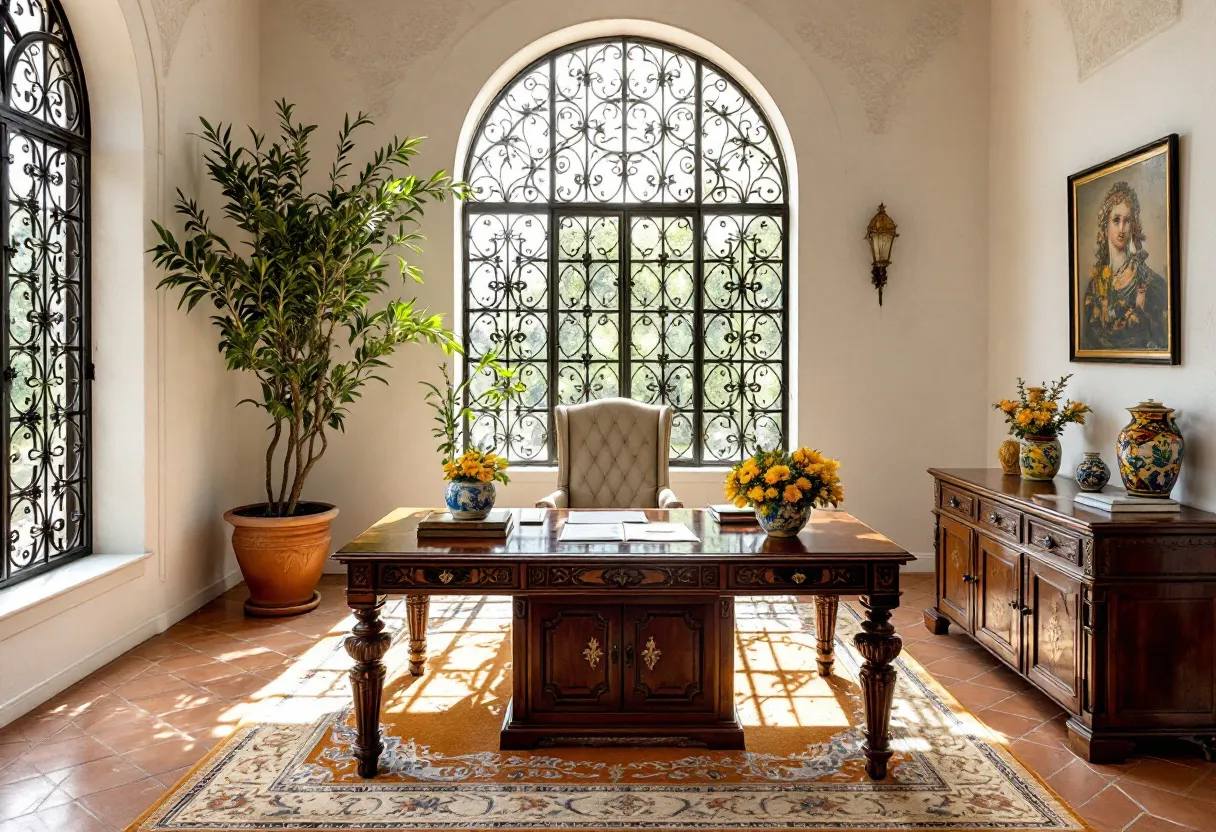 This Spanish office exudes elegance and warmth, characterized by its classic and traditional design elements. The room features large, arched windows adorned with intricate wrought iron detailing, allowing natural light to flood the space. The warm terracotta floor tiles complement the rich wooden furnishings, including a stately desk and a matching sideboard. The décor is cohesive, with a beautifully framed portrait and a pair of ornate wall sconces contributing to the sophisticated atmosphere.

The office is accentuated by tasteful decorative elements, including a large indoor plant and vibrant floral arrangements in ceramic vases, which bring life and color into the room. The ornate rug under the desk adds a touch of luxury while grounding the space. Overall, this Spanish office is an inviting and stylish environment, effortlessly blending classic design with a sense of natural warmth.