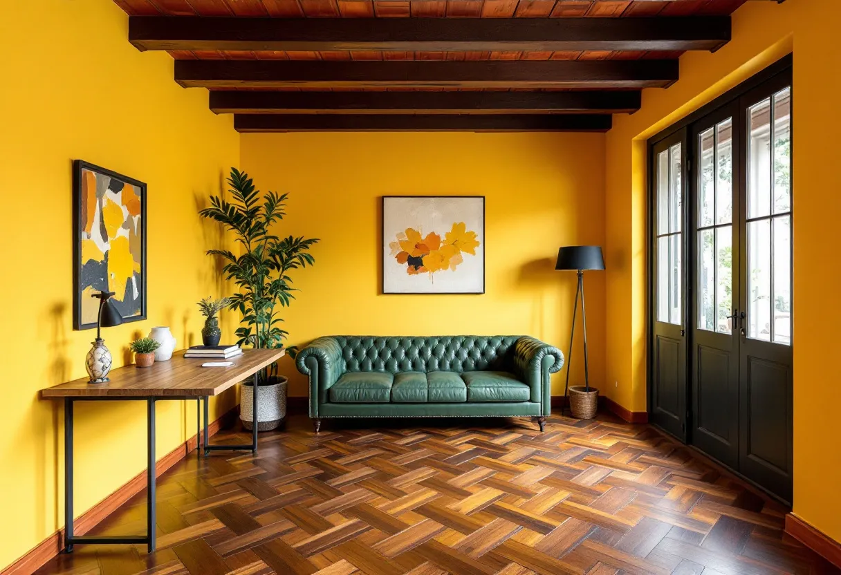 This Spanish office exudes warmth and style through its use of bold colors and classic design elements. The walls are painted in a vibrant yellow, infusing the space with energy and creating a welcoming atmosphere. A green tufted leather sofa serves as a central focal point, adding a touch of sophistication and comfort. The wooden herringbone-patterned floor complements the color scheme, providing a rich texture that enhances the room's elegance.

Natural light floods the room through the large French doors, which feature dark frames that add contrast to the bright walls. A sleek wooden desk stands against the wall, paired with decorative elements like a modern lamp and potted plants that introduce a fresh, lively aesthetic. Artworks featuring abstract patterns and floral themes are strategically placed to enhance the office's creative and inviting vibe.