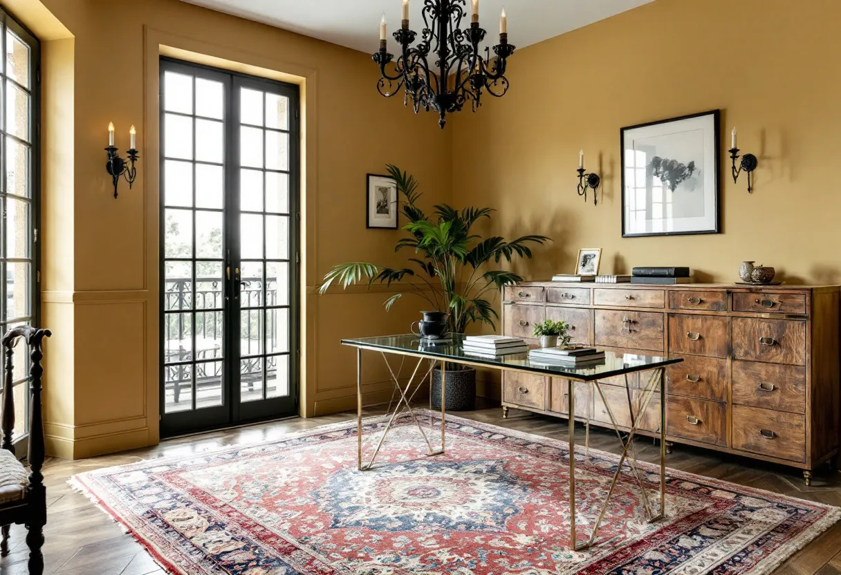 This Spanish office exudes elegance and warmth with its rich, mustard-colored walls that create a cozy atmosphere. The room is illuminated by ample natural light streaming through the classic black-framed, French doors that not only brighten the space but also offer a view of the greenery outside. An ornate black chandelier hanging from the ceiling adds a touch of traditional charm and sophistication, while the wall-mounted candle sconces enhance the room's vintage appeal. A large, lush potted plant brings a refreshing splash of green, balancing the warm tones of the room.

The office showcases a stunning blend of traditional and modern elements. A glass-top desk with sleek, gold-toned legs stands on a beautifully patterned red and blue oriental rug, adding an air of luxury. Against the wall sits a substantial wooden sideboard with multiple drawers, providing both functionality and rustic charm. Art pieces and decor are tastefully arranged, creating a harmonious setting that is both inviting and inspiring for work or contemplation.