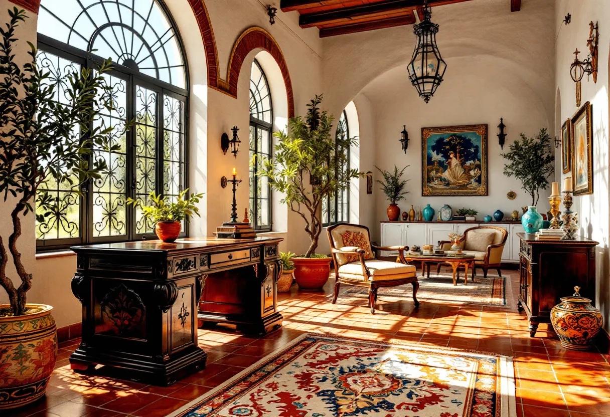 This Spanish office exudes a classical charm, characterized by its large, arched windows that allow an abundance of natural light to flood the space. The windows are adorned with ornate wrought iron, contributing to the traditional Spanish aesthetic. The terracotta tile flooring enhances the warm ambiance and pairs beautifully with the rich, dark wood furnishings. Central to the room is a stately wooden desk, intricately carved and providing a focal point of elegance. The combination of rustic elements with luxurious details speaks to a refined yet inviting workspace.

In the seating area, plush armchairs offer comfort against the backdrop of a tastefully arranged gallery wall, featuring a prominent painting and other decorative items. Vibrant rugs add texture and color, complementing the deep earth tones found in the pottery and vases scattered throughout. Verdant potted plants bring a touch of the outdoors inside, enhancing the room's fresh and lively atmosphere. Altogether, this Spanish office balances tradition and artistry, creating a sophisticated environment for work and relaxation.