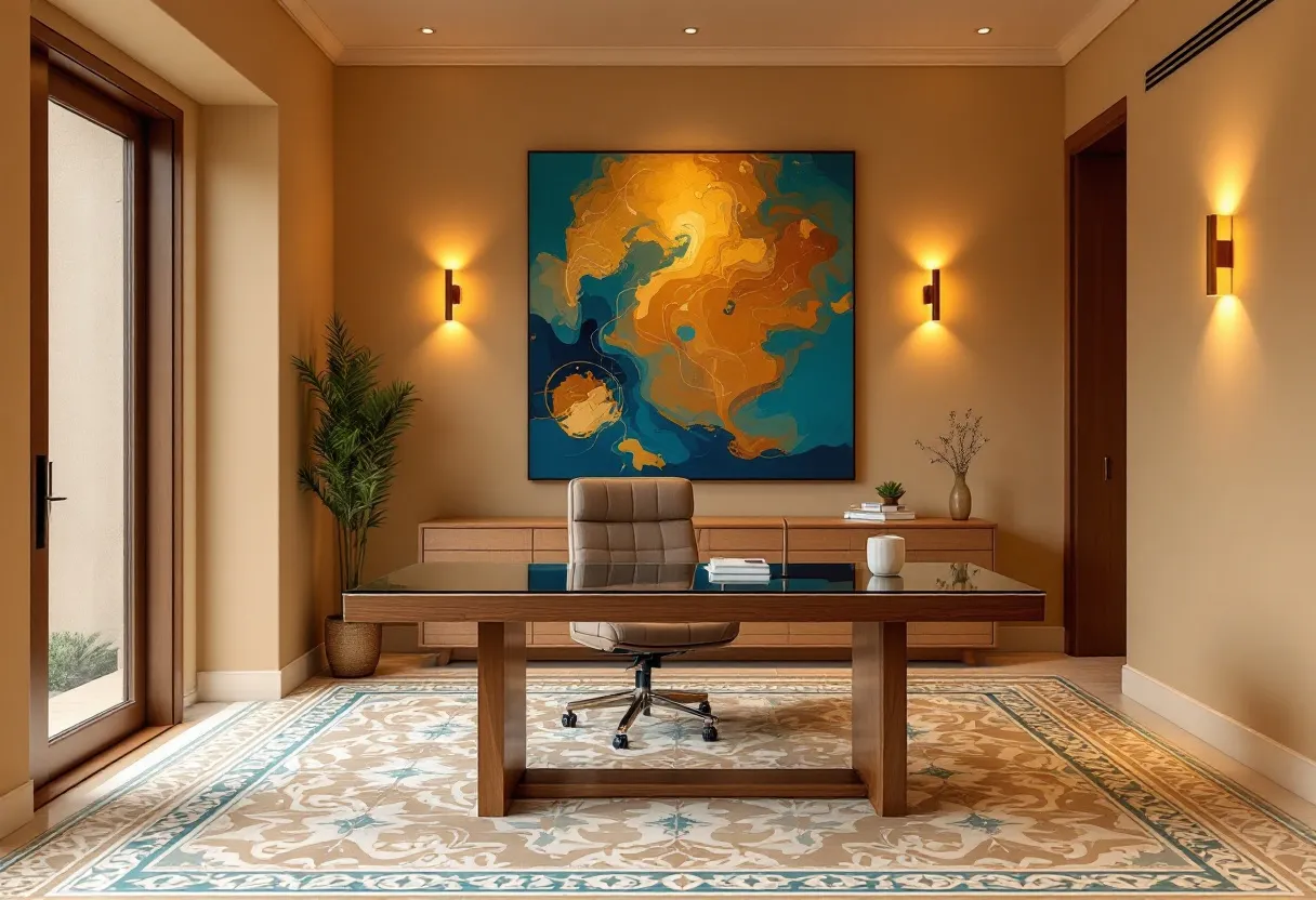 This Spanish office exudes a warm and sophisticated atmosphere, characterized by its neutral-toned walls and classic design elements. A large, abstract painting with vibrant blues and oranges dominates the main wall, adding a pop of color and artistic flair. The lighting is understated yet effective, with wall sconces providing soft illumination that complements the room's serene ambiance. A beautiful, intricately patterned rug in earthy tones covers the floor, adding texture and a touch of traditional elegance.

The office is furnished with a sleek, modern desk at the center, topped with a glass surface that reflects the room's soft lighting. A comfortable, cushioned office chair sits behind the desk, inviting productivity and focus. Minimalist décor, including a few books, a potted plant, and a simple cup, adorns the workspace, emphasizing a clean and uncluttered aesthetic. A large window to the side allows natural light to flood the space, enhancing the airy and welcoming feel of this thoughtfully designed office.