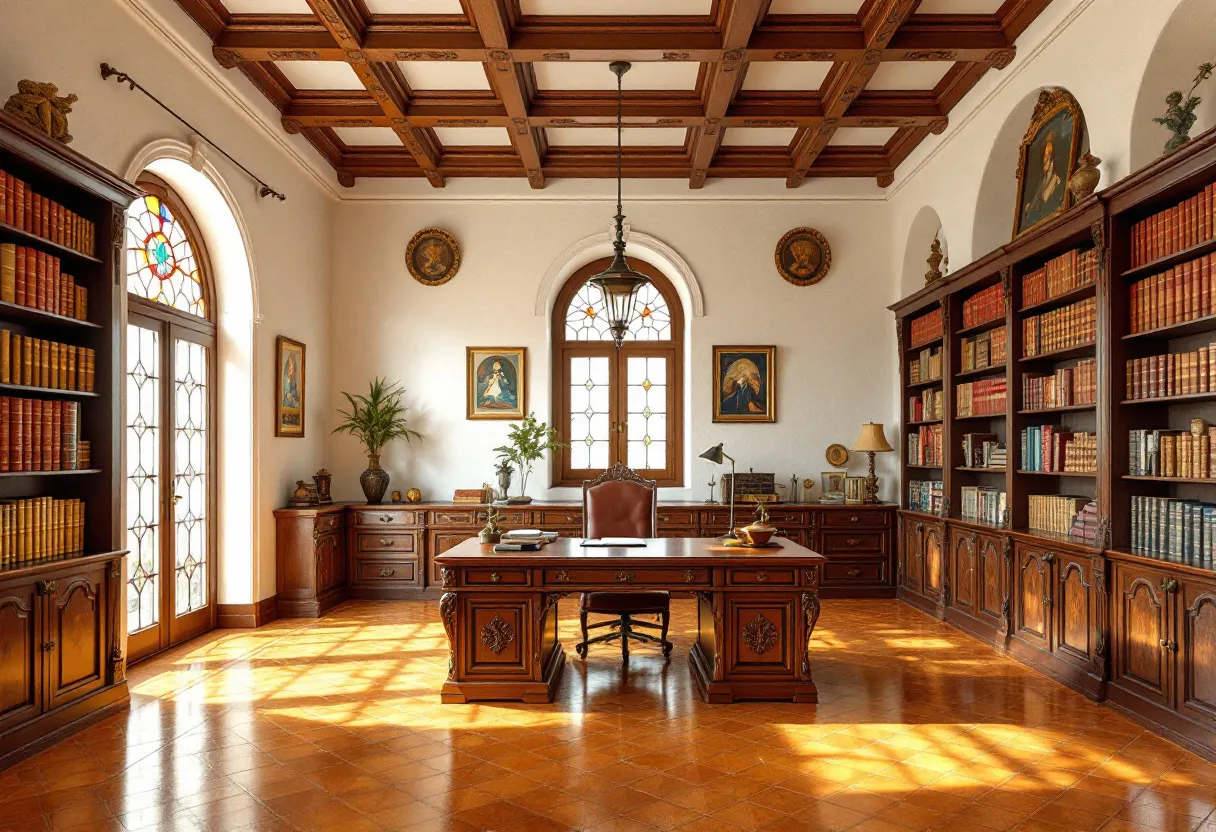 This Spanish office exudes a sense of classical elegance and sophistication, reflecting traditional architectural and interior design elements. The prominent use of rich, dark wood is evident throughout the space, from the massive desk to the extensive bookshelves. The desk, centrally positioned, showcases intricate carvings, hinting at expert craftsmanship. The bookshelves are filled with numerous leather-bound volumes, lending an air of intellectualism and gravitas to the space.

Natural light pours through an ornate stained-glass window, casting a warm glow across the tiled floor. The coffered ceiling, with its geometric wooden patterns, adds depth and texture to the room. Decorative elements like framed paintings and potted plants enhance the aesthetic appeal, creating a balanced blend of formality and comfort. Overall, this office embodies a timeless design that prioritizes both function and style.