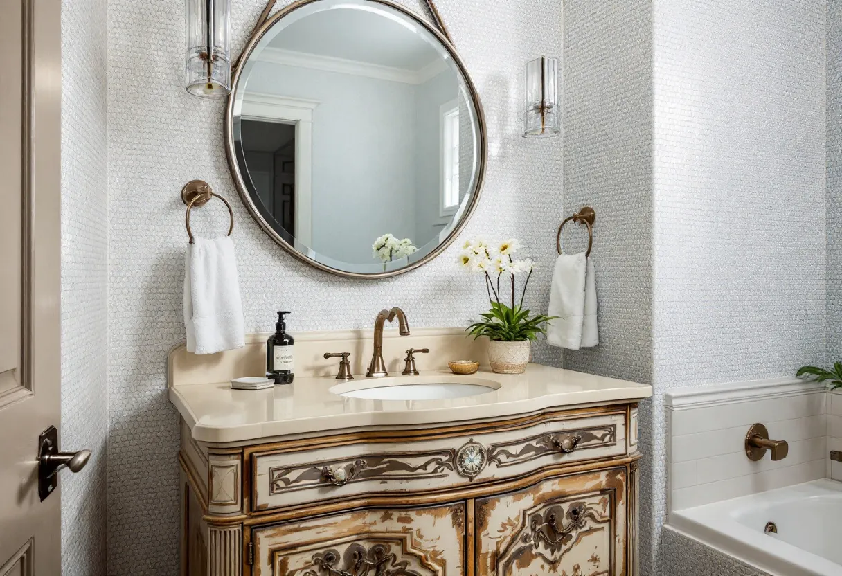 This transitional bathroom seamlessly blends elements of classic elegance with modern simplicity. The focal point is an intricately designed vanity with ornate detailing on its front, featuring distressed wood and elaborate carvings that evoke a vintage charm. Its countertop is a smooth, creamy surface that adds a touch of modernity, complemented by a sleek, under-mount sink. The bronze fixtures, including a traditionally styled faucet, bring warmth and harmonize with the antique finish of the vanity.

Above the vanity, a large, round mirror provides a contemporary contrast with its minimalist design and clean lines, enhancing the room's depth and functionality. Flanking the mirror are two slender wall sconces with glass coverings, contributing ambient lighting that highlights the subtle texture of the wall tiles. A small potted plant and a few select toiletries elegantly arranged on the counter add a refreshing, natural element, completing the room’s transitional aesthetic with a touch of greenery.