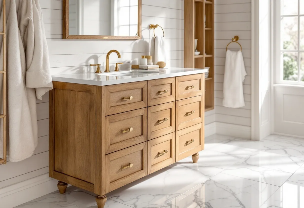 This transitional bathroom seamlessly blends traditional and contemporary elements to create a warm and inviting space. The centerpiece is a wooden vanity with a natural finish, offering a classic touch that complements the modern elegance of the marble flooring. The vanity features multiple drawers, each adorned with chic brass handles that add a touch of sophistication. Above the vanity, a large mirror framed in matching wood enhances the room's sense of depth and openness, reflecting the soft natural light streaming in from nearby windows.

The brass fixtures throughout the bathroom, including the sleek faucet and towel ring, harmonize beautifully with the vanity handles, providing a cohesive look. The shiplap walls give a nod to rustic design, adding texture and visual interest while maintaining a bright and airy ambiance. Accents like neatly folded white towels and minimalistic toiletries on the countertop contribute to the room's clean and polished appearance. Overall, this bathroom effectively captures the essence of transitional design by balancing traditional warmth with modern simplicity.