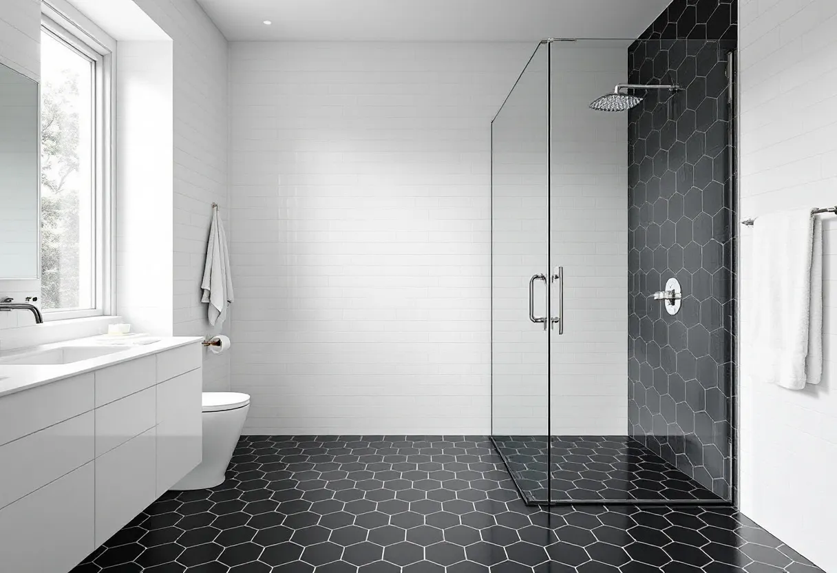 This transitional bathroom elegantly combines modern and traditional elements to create a balanced and inviting space. The room features a striking combination of black and white tones, highlighted by hexagonal floor tiles that add a geometric flair to the design. The seamless shower enclosure with clear glass doors provides unobstructed views of the bathroom, contributing to the open and airy feel of the space. The simplicity of the white subway tiles on the walls adds a timeless charm, seamlessly blending with the overall design while providing a clean backdrop.

The large window allows for abundant natural light to flow in, enhancing the bright and welcoming atmosphere. Complementing the room's clean lines, the white floating vanity offers ample storage without dominating the space, contributing to the room's minimalist aesthetic. The chrome fixtures, including the sleek showerhead and faucets, add a touch of contemporary sophistication, reflecting light and drawing the eye to their elegant finishes. Overall, this bathroom beautifully harmonizes traditional and modern elements, creating a serene and functional retreat.