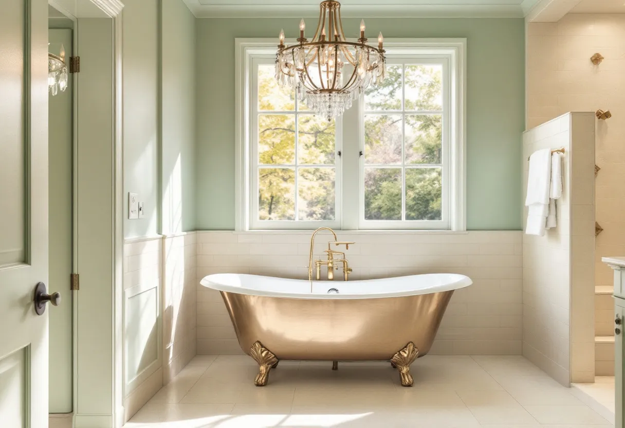 This transitional bathroom elegantly combines classic and contemporary elements, creating a serene and sophisticated space. The centerpiece is a striking freestanding bathtub with a gleaming gold finish, set against soft sage green walls. Large, white-framed windows allow natural light to flood the space, enhancing the room’s airy ambiance and providing a view of lush greenery. The bathtub's clawfoot design pays homage to traditional styles, while the sleek gold fixtures add a modern touch.

Above the tub hangs a stunning chandelier that elevates the room’s luxurious feel with its crystal accents and soft lighting, casting a warm glow. Creamy white tiles, both in the wainscoting and on the floor, blend effortlessly with the overall color palette, ensuring a harmonious aesthetic. This transitional design deftly balances opulence and simplicity, inviting relaxation and rejuvenation.