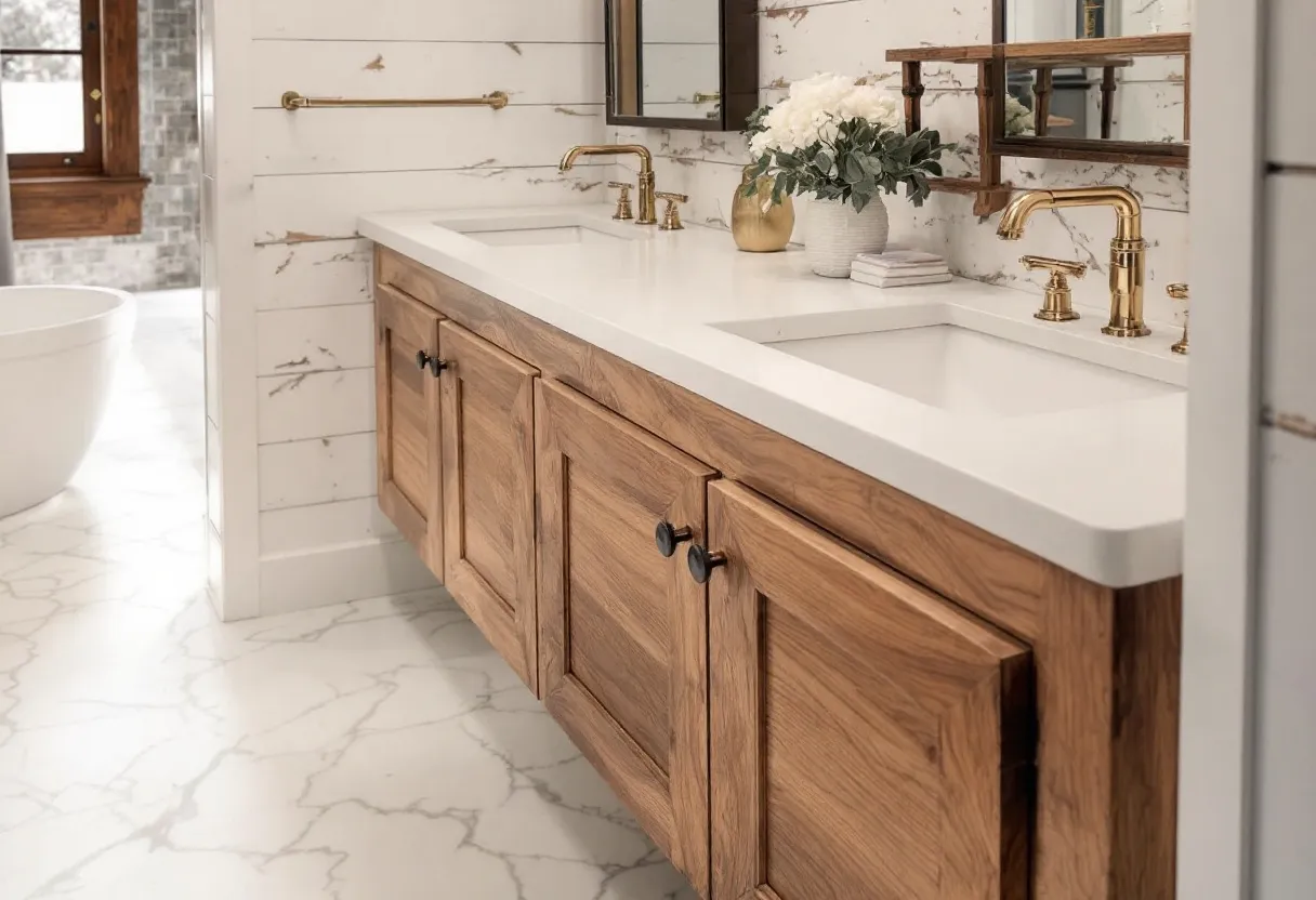 This transitional bathroom beautifully blends traditional and modern elements to create a soothing and functional space. The use of white shiplap walls gives a nod to rustic charm, while the luxurious marble flooring introduces a touch of elegance. The double vanity features rich, wooden cabinets that provide warmth and texture, complementing the sleek white countertops. The gold faucets add a sophisticated, contemporary flair, seamlessly integrating the traditional wood with modern accents.

The decor includes a white vase holding fresh flowers, adding a natural and inviting element to the space. The large mirrors above the sinks enhance the room's brightness and sense of spaciousness. The seamless design of the bathroom exudes a clean and uncluttered look, with the gold towel rack subtly accenting the wall. The interplay of materials and finishes in this bathroom captures the essence of transitional design, creating an environment that is both comfortable and stylish.