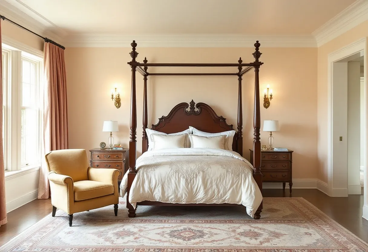 This transitional bedroom seamlessly blends classic and contemporary elements, creating an inviting and sophisticated atmosphere. At the center, a grand four-poster bed with an intricately carved headboard commands attention, providing a focal point that is both elegant and timeless. The warm wood tones of the bed are complemented by matching nightstands on either side, each topped with sleek, modern lamps. The bedding, in crisp white with subtle decorative accents, adds a touch of luxury and comfort, inviting rest and relaxation.

The soft, neutral wall color enhances the room's sense of calm, while the pair of wall-mounted sconces provide a warm, ambient glow. A plush area rug with a traditional pattern anchors the space, adding texture and warmth underfoot. To one side, an inviting armchair upholstered in a rich, golden hue offers a cozy spot for reading or relaxation, its placement adding functionality and charm. The large windows are dressed with flowing drapes, allowing natural light to filter in, enhancing the room’s bright and airy feel. Overall, this transitional bedroom embraces a harmonious balance of style and function, resulting in a space that is both classic and modern.