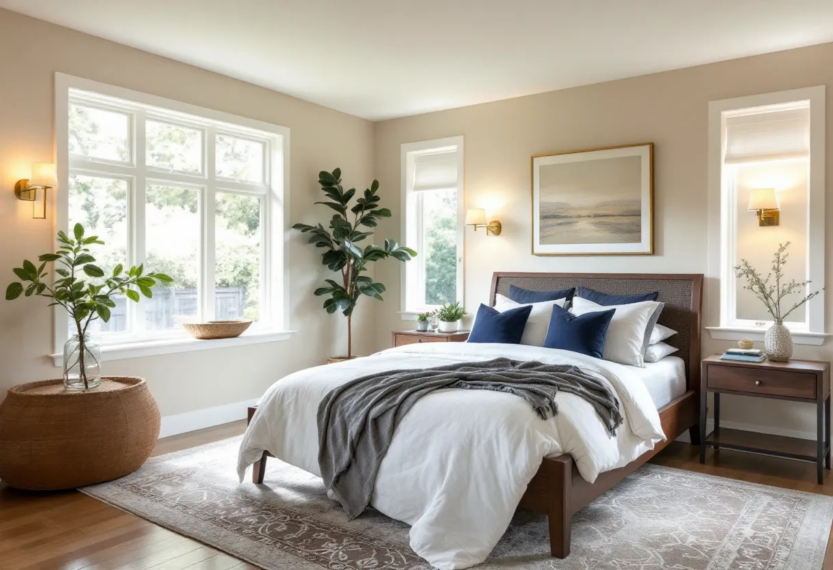 This transitional bedroom beautifully blends contemporary and traditional design elements, creating a space that is both stylish and inviting. The room features a neutral color palette dominated by soft, warm beige walls that provide a perfect backdrop for the clean lines of the furniture. The bed, with its sleek wooden frame and white bedding accented by deep blue pillows, becomes the focal point of the room. A textured gray throw draped elegantly over the bed adds depth and comfort, enhancing the inviting atmosphere.

Natural light floods the room through large windows, highlighting the subtle details in the decor. The understated wall sconces add a touch of elegance while complementing the room’s simplicity. The inclusion of greenery in the form of potted plants brings a sense of freshness and life, balancing the room's neutral tones. A woven basket and a patterned rug add textural interest, grounding the space. The overall effect is a serene and harmonious environment that seamlessly bridges classic elements with modern design.