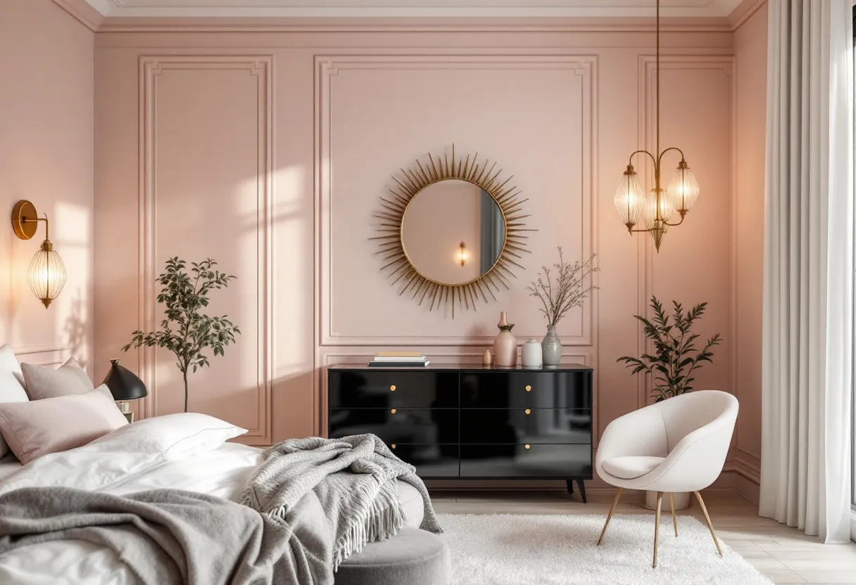 This transitional bedroom blends traditional elegance with modern simplicity, resulting in a serene and balanced space. The soft pink walls provide a gentle, calming backdrop, enhanced by the intricate paneling that adds a touch of classic architectural detail. The room is anchored by a sleek black dresser, whose glossy finish and brass hardware introduce contemporary flair. A round mirror with a sunburst frame serves as a stylish focal point, reflecting light and visually expanding the room.

The space is furnished with a mix of textures and materials that add warmth and depth. A cozy bed with plush pillows and layered throws invites relaxation, while a modern armchair in a soft, neutral fabric offers a chic seating option. The lighting fixtures, including wall sconces and an elegant hanging lamp, cast a warm glow that complements the overall ambiance. The inclusion of greenery, both in pots and vases, brings a fresh, natural element, further enhancing the tranquility and aesthetic appeal of this transitional bedroom.