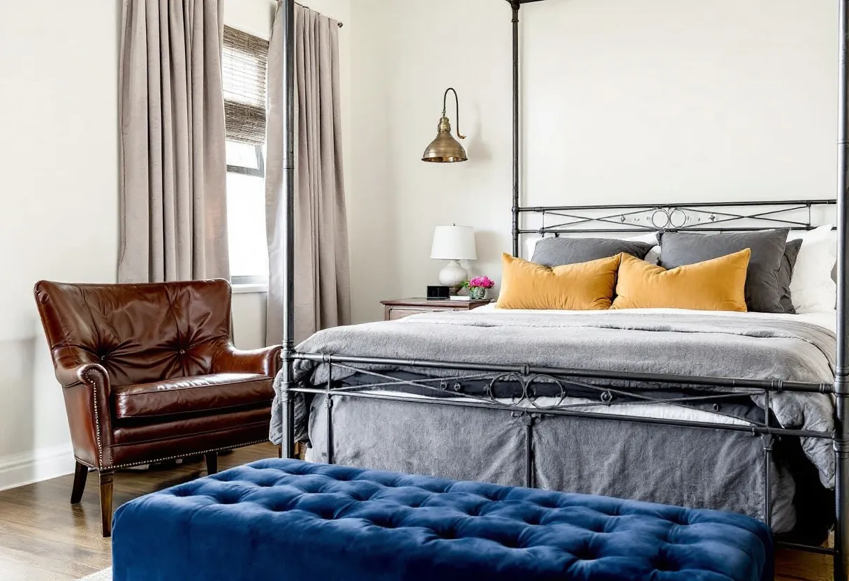 This transitional bedroom blends timeless elegance with modern comfort, showcasing a harmonious mix of textures and colors. The focal point is a sophisticated four-poster bed with a sleek metal frame, dressed in soft gray bedding that exudes a calm, neutral palette. Accent pillows in rich mustard-yellow add a pop of color, complementing the understated tones. A classic leather armchair sits in the corner, adding a touch of warmth and inviting relaxation. Light curtains frame the window, allowing natural light to softly illuminate the space.

The room’s decor balances traditional and contemporary elements, enhancing its welcoming atmosphere. A tufted blue bench at the foot of the bed introduces an element of luxury and practicality. The bedside table is adorned with a modern lamp and a simple floral arrangement, providing subtle bursts of color that harmonize with the room’s overall aesthetic. A vintage-style wall sconce adds character, bridging old-world charm with new-age design. This bedroom is a perfect retreat, offering both style and serenity.