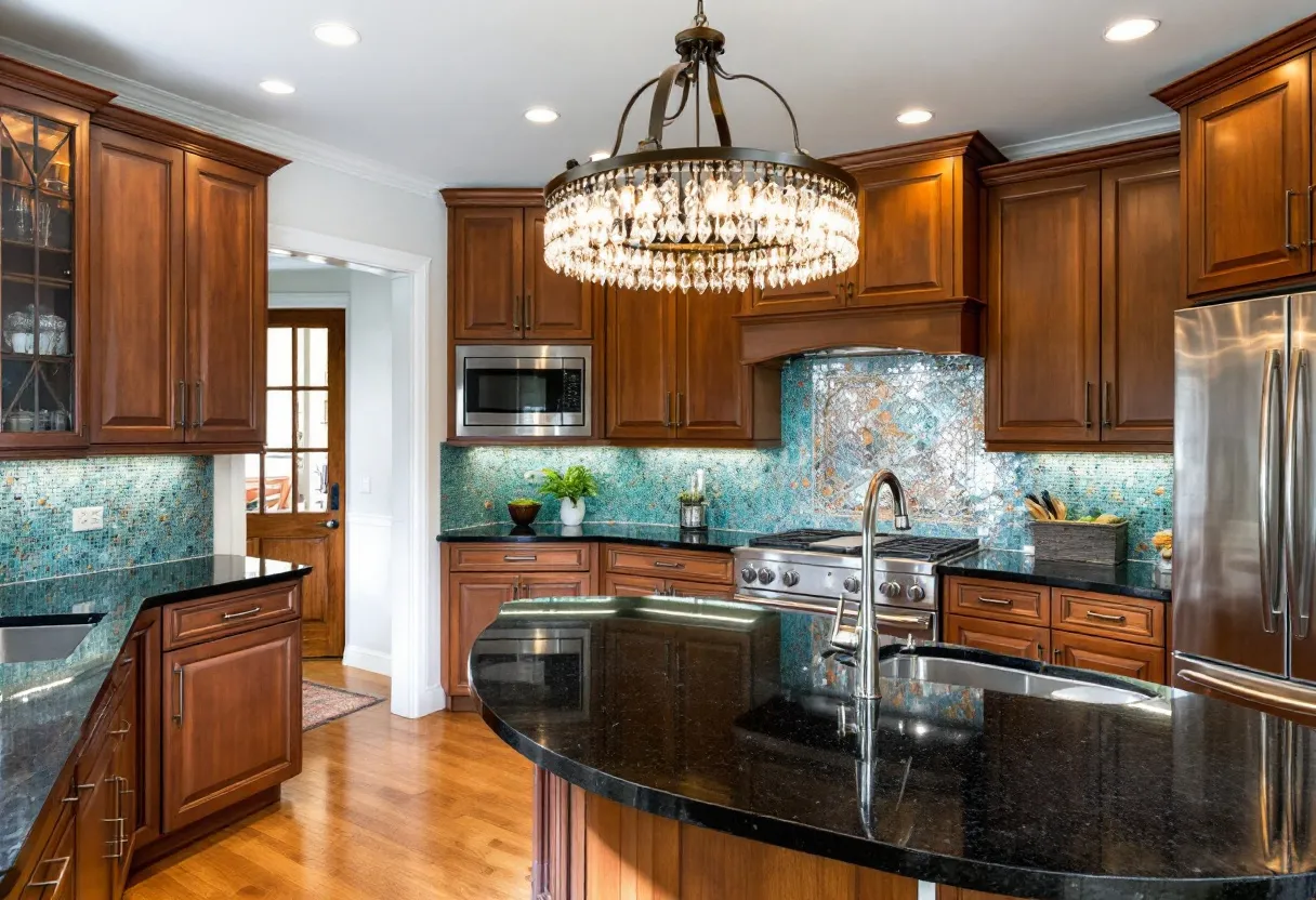 This transitional kitchen beautifully integrates both classic and contemporary elements, creating a warm and inviting space. The rich wooden cabinetry adds a timeless elegance, providing ample storage and a sturdy framework for the kitchen's layout. The cabinetry’s deep tones are complemented by sleek, dark granite countertops, which add a sense of modern sophistication. A standout feature is the intricate mosaic backsplash with shades of blue and green, adding a pop of color and texture that enlivens the room. The combination of wood and stone materials bridges traditional and modern design sensibilities, making the kitchen both functional and stylish.

A striking chandelier hangs centrally, serving as a focal point that highlights the melding of styles. This fixture adds a touch of glamour and charm, illuminating the space with its crystal accents. Stainless steel appliances, including a refrigerator and range, further emphasize the modern aspects of the kitchen, offering both practicality and contemporary flair. The island in the center provides additional workspace and seating, fostering a welcoming atmosphere for culinary creativity and social gatherings. Together, these elements create a harmonious balance between classic warmth and modern elegance.