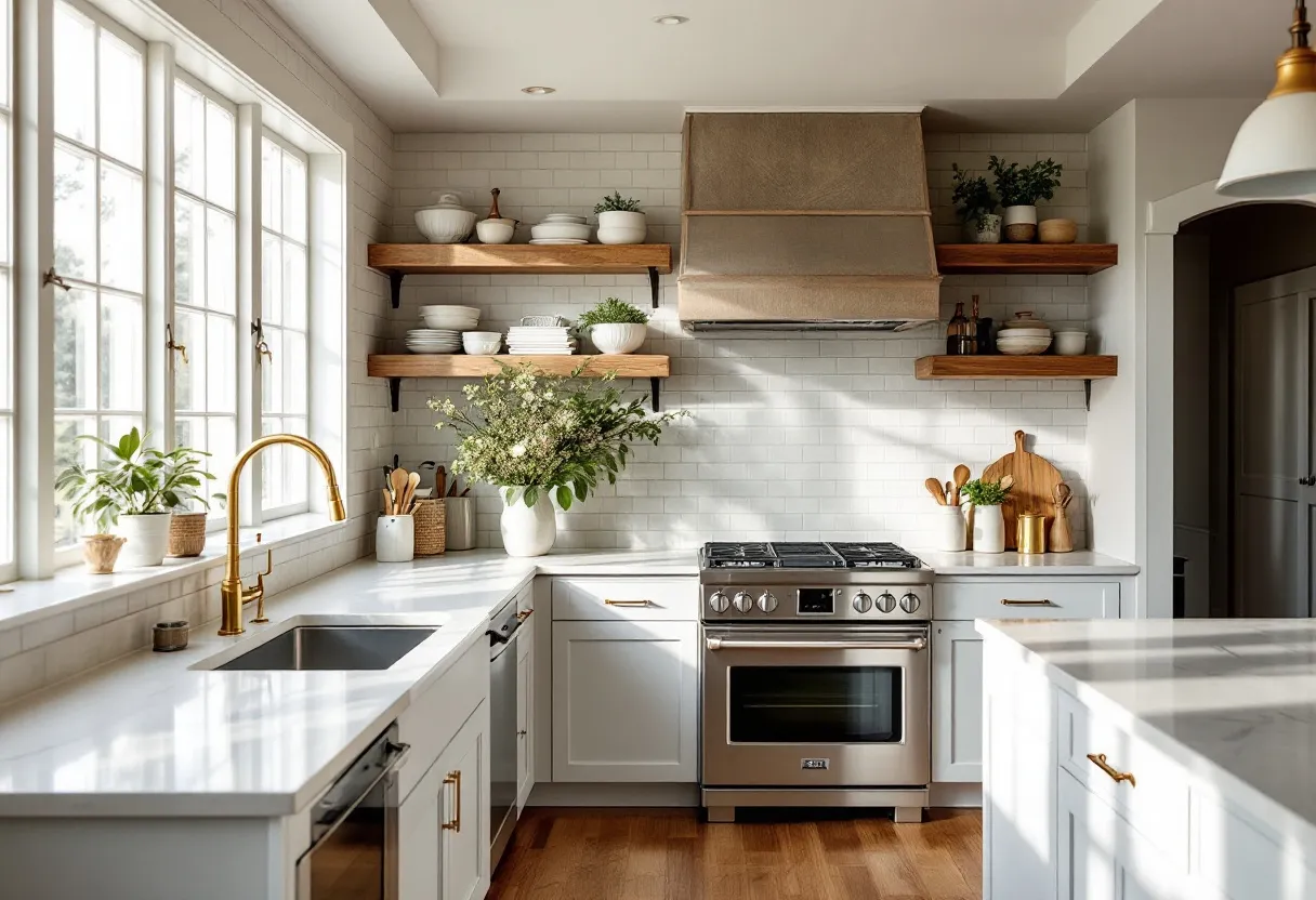 This transitional kitchen beautifully combines traditional and contemporary elements, creating a harmonious and inviting space. The light gray cabinetry pairs elegantly with the white subway tile backsplash, lending a clean and timeless look. The open shelving made of warm-toned wood provides both functionality and a rustic touch, allowing for an easy display of kitchenware and greenery, which enhances the kitchen's welcoming atmosphere. The brass hardware on the cabinets and the sleek faucet add a splash of modernity and sophistication, seamlessly blending with the more traditional features.

The room is bathed in natural light, thanks to the large windows that line one wall, allowing the beauty of the outdoors to enhance the kitchen's aesthetic. The stainless steel appliances, including the modern range, integrate impeccably with both the traditional and contemporary elements, showcasing versatility. The wooden floor contributes warmth and complements the wooden open shelves, tying the room together. This kitchen is a prime example of transitional design, balancing various styles and materials to create a space that feels both current and classic.