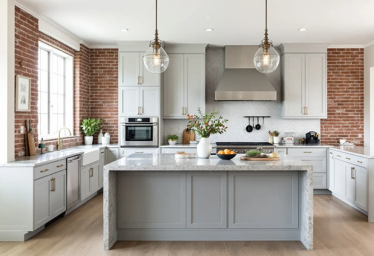 This transitional kitchen beautifully blends traditional and contemporary elements, creating a warm and inviting space. The exposed brick walls lend a rustic charm, pairing elegantly with the sleek cabinetry painted in a soft, neutral gray. The cabinetry features clean lines and simple hardware, which complements the overall aesthetic while providing ample storage. A large window allows natural light to flood the space, enhancing the kitchen’s airy and open feel. The layout is both functional and stylish, with modern influences seen in the stainless steel appliances and the minimalist hood over the stove.

The centerpiece of this kitchen is the expansive island, featuring a polished countertop that adds a touch of luxury to the room. The island provides additional workspace and seating, making it a perfect spot for casual dining or entertaining. Pendant lights hang gracefully above the island, adding an element of sophistication and tying the space together. The subtle blend of materials and textures, from the glossy countertops to the warm wooden floors, creates a harmonious balance, making this kitchen a perfect example of transitional design.