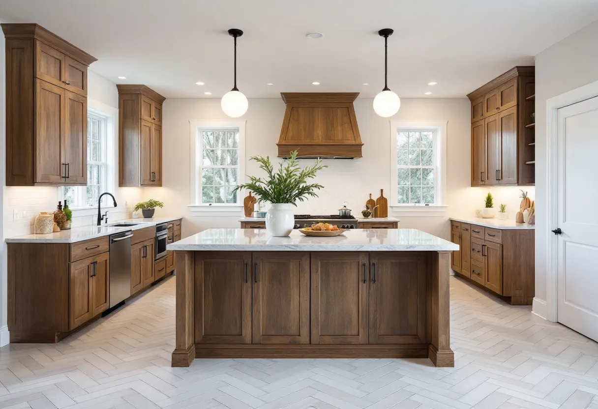 This transitional kitchen features a harmonious blend of traditional and modern elements, creating a warm and inviting space. The rich wooden cabinetry adds a classic touch, complemented by sleek hardware that gives a nod to contemporary design. The kitchen island, with its marble countertop, serves as both a functional workspace and a focal point, its expansive surface perfect for meal preparation and casual gatherings. Two pendant lights, with round glass shades, hang above the island, providing soft illumination and enhancing the overall aesthetic.

Ample natural light floods the room through multiple windows, highlighting the herringbone patterned floor that adds a subtle visual interest to the space. The layout emphasizes efficiency and accessibility, with a clear triangle between the sink, stove, and refrigerator. This kitchen beautifully balances practicality and style, making it ideal for both everyday living and entertaining. Finishing touches, such as a white vase with greenery and strategically placed cutting boards, add a touch of personal flair to the space.