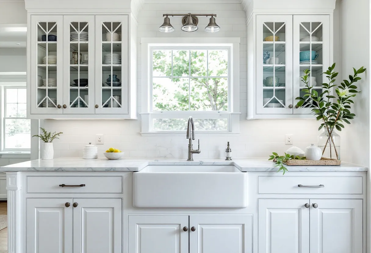 This transitional kitchen beautifully combines traditional and modern design elements, creating a fresh yet timeless atmosphere. The white cabinetry reflects a classic style with its detailed paneling, while the glass-front upper cabinets add a contemporary touch. The glass doors are adorned with an elegant crisscross pattern, offering subtle sophistication while displaying neatly arranged dishware. The use of white throughout the cabinetry enhances the kitchen’s openness, creating a bright, airy feel.

The kitchen features a large farmhouse sink that blends seamlessly with the marble countertops, providing a nostalgic nod to classic kitchen designs. The stainless steel faucet harmonizes with the modern lighting fixtures above, which offer ample illumination. Natural elements are incorporated through the presence of a potted plant and a small arrangement of lemons, adding a pop of color and bringing a lively energy into the space. This kitchen exemplifies the transitional style by balancing traditional warmth with sleek, modern aesthetics.