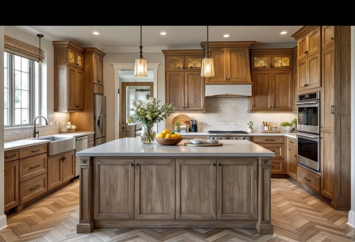 This transitional kitchen artfully combines traditional and modern elements, creating a warm and inviting space. The warm wood cabinetry brings a classic touch, complementing the elegant neutral tones of the walls and tiles. The large island serves as a central focal point, offering ample space for meal preparation and informal gatherings. Overhead, pendant lights provide focused illumination, enhancing the kitchen's inviting atmosphere.

Natural light streams through large windows, highlighting the subtle textures of the herringbone-patterned floor. The farmhouse sink adds a rustic charm, while the stainless steel appliances introduce a modern contrast. Thoughtful touches like vases and bowls of fruit add a homely feel, bridging the gap between functionality and style in this harmonious kitchen design.