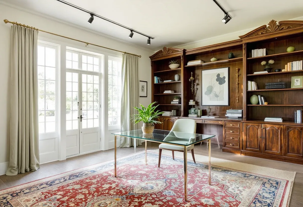 This transitional office elegantly combines traditional and modern design elements, creating a harmonious and sophisticated workspace. The room features a large, wooden built-in bookcase that lines one wall, providing ample storage and display space for books and decorative items. The intricate detailing on the woodwork adds a classic touch, while the overall layout remains clean and uncluttered, enhancing its modern appeal. A glass-top desk, positioned centrally on a richly colored patterned rug, introduces a contemporary touch with its sleek, minimalist design. The pairing of old and new elements creates a balanced aesthetic that feels both timeless and current.

Natural light floods the room through expansive glass-paneled doors, creating an inviting and bright atmosphere. The subdued cream-colored curtains frame the doors, adding softness and warmth to the space. Overhead, track lighting in a matte black finish offers modern functionality, providing focused illumination on the desk and shelves. The presence of a lush green plant atop the desk brings life and a hint of nature into the office, contributing to a peaceful and serene work environment. Altogether, this transitional office is a perfect blend of style and function, ideal for fostering productivity and creativity.