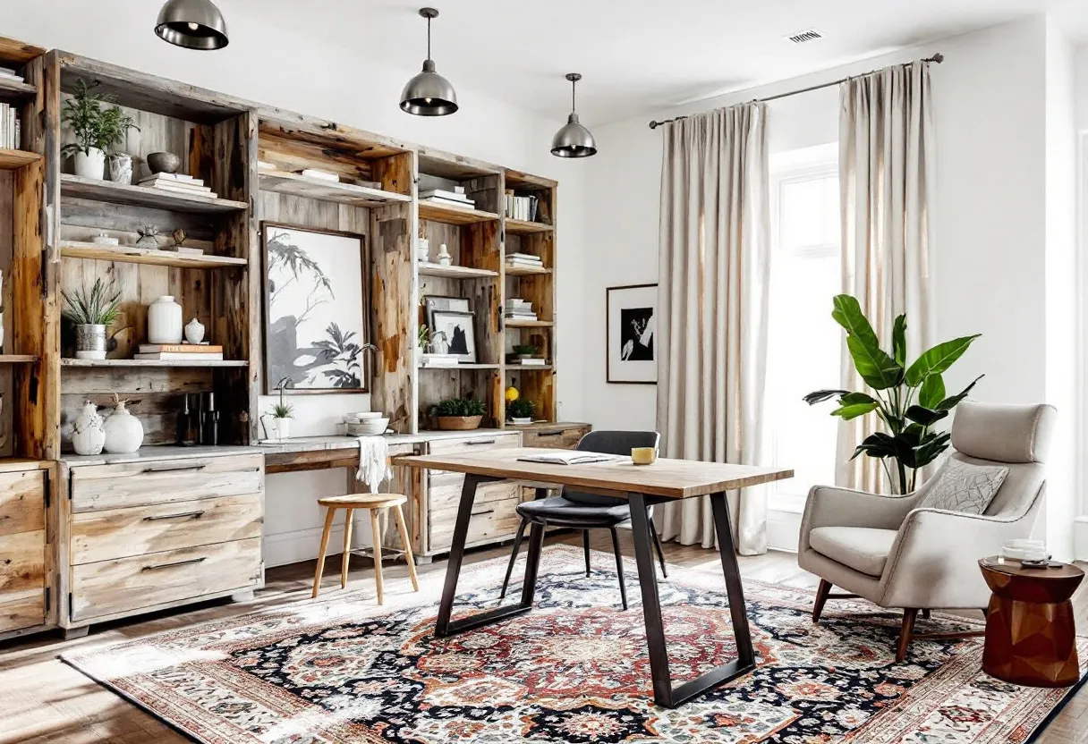 This transitional office beautifully blends traditional warmth with contemporary style, creating a welcoming and functional space. The focal point of the room is a sturdy wooden desk with sleek black metal legs, embodying the transitional design's hallmark blend of the classic and modern. Behind the desk, a wall of built-in shelves, also in a rustic wood finish, provides ample storage and display space for books and decorative items. The natural wood tones of the furniture beautifully contrast with the soft white walls, which help brighten the room and enhance its airy feel.

The office is further enriched by thoughtful decorative touches, such as an intricately patterned area rug that adds color and texture to the space. A comfortable, high-backed armchair with an accompanying wooden side table invites relaxation or reading. Large windows draped with light-colored curtains allow natural light to flood the room, highlighting the vibrant green of a sizable potted plant. Above, industrial-style pendant lights offer additional illumination while complementing the room's contemporary elements. The overall effect is a harmonious, serene environment that is both stylish and practical.