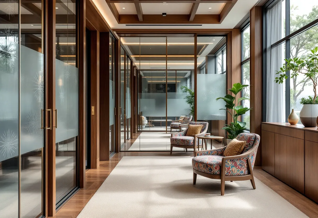 This transitional office blends elements of both contemporary and traditional design, creating a harmonious space that is modern yet timeless. The use of warm wood tones in the paneling and furniture adds a classic touch, while large glass surfaces contribute to a sleek, modern aesthetic. The floor-to-ceiling windows allow an abundance of natural light to flood the room, creating an open and airy atmosphere. Strategically placed frosted glass partitions provide privacy without compromising on the light and openness.

The office is tastefully furnished with comfortable, upholstered chairs featuring vibrant, intricate patterns that add a pop of color and personality to the space. The addition of lush green potted plants brings a touch of nature indoors, promoting a refreshing and calming environment. The subtle integration of sleek lighting fixtures in the ceiling further enhances the balance between traditional charm and modern functionality, making this office both inviting and efficient.