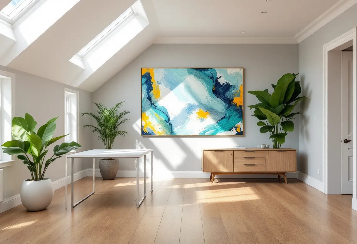 This transitional office combines modern elements with classic touches, creating a welcoming and flexible workspace. The room is bathed in natural light, thanks to the skylights above, which illuminate the light wood flooring. The walls are painted a subtle, neutral shade that serves as a perfect backdrop for the bold abstract artwork, adding a splash of color and creativity to the space. 

Large indoor plants in white pots add a touch of nature, contributing to a calming atmosphere. The sleek white desk with its minimalist metal frame suggests functionality without sacrificing style. The wooden sideboard along one wall offers additional storage, blending seamlessly with the overall aesthetic of the room. This transitional office not only promotes productivity but also creates a feeling of openness and tranquility.