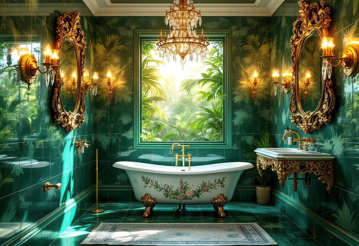 This tropical bathroom exudes an opulent yet inviting atmosphere, blending lush greenery with luxurious details. The walls are adorned with rich green tiles that reflect a sense of serene nature, enhanced by the intricate wallpaper depicting tropical foliage. The centerpiece of the room is a classic clawfoot bathtub, elegantly embellished with floral motifs, resting majestically on ornate gold feet. A large window bathes the room in natural light, offering a breathtaking view that seamlessly integrates the indoors with the vibrant hues of an exotic jungle outside.

The ambiance is elevated by the sophisticated lighting fixtures, including twin gilded wall sconces and a stunning crystal chandelier. These elements cast a warm, inviting glow that complements the golden accents throughout the space. A beautifully crafted, ornate mirror hangs above a stylishly detailed washbasin, contributing to the bathroom's sophisticated flair. The combination of lavish decor and natural motifs creates a harmonious and rejuvenating environment, perfect for unwinding in a tropical paradise.