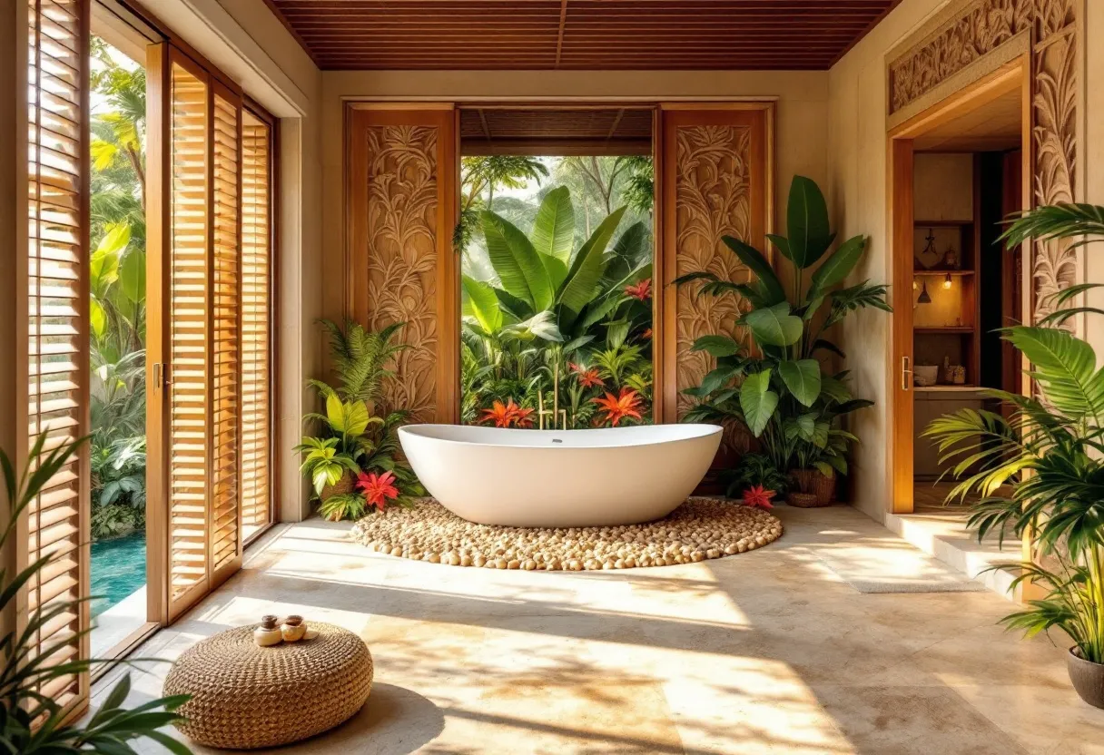 This tropical bathroom elegantly blends luxury and nature, evoking a serene, tranquil atmosphere. Dominated by a freestanding white bathtub, the centerpiece rests on a bed of smooth, natural stones, enhancing the theme of earthy simplicity. Surrounding the tub, lush green plants and vibrant flowers introduce a burst of color and life, creating an oasis-like feeling. The walls exhibit intricate wooden carvings, adding an artisan touch that complements the tropical aesthetic.

The abundance of natural light floods in through large windows with wooden shutters, offering a view of the surrounding verdant landscape. These design elements seamlessly integrate the indoor and outdoor spaces, blurring the boundaries between them. A woven, round pouf sits nearby, providing texture and warmth to the space. Overall, this bathroom invites relaxation and escape, offering a perfect retreat that harmonizes with its natural surroundings.