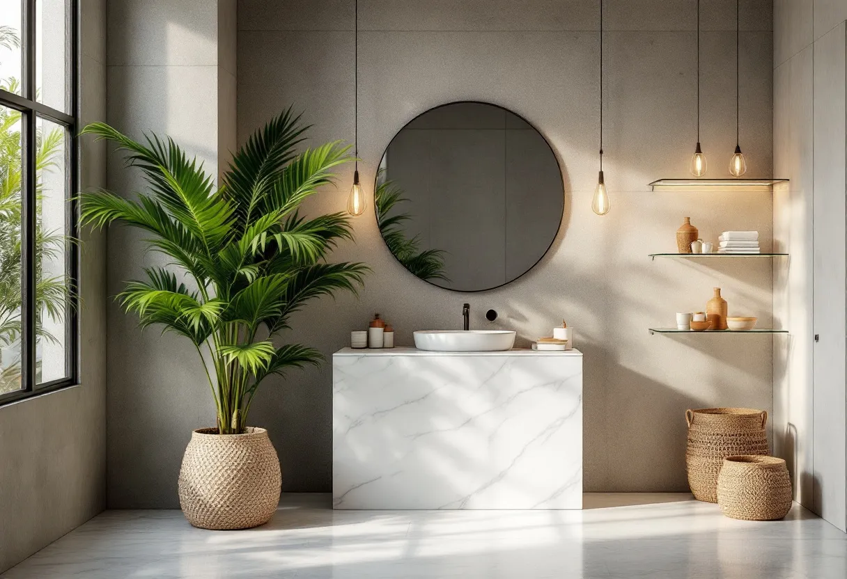 This tropical bathroom exudes a serene and inviting atmosphere, characterized by its harmonious blend of natural elements and modern design. A large potted plant with lush green fronds occupies a prominent position, introducing a vibrant touch of nature that complements the clean lines of the space. The plant’s presence enhances the tropical theme, creating a sense of an oasis within the home. The color palette is neutral, with soft grays and whites that contribute to a calming environment, while generous natural light pours in through large windows, highlighting the textures and details of the room.

The focal point is the sleek vanity area, featuring a circular mirror above a streamlined white marble counter. This choice of materials adds a touch of luxury while maintaining a minimalist aesthetic. Pendant lights dangle gracefully above, casting a warm glow that accentuates the stylish design. Wall-mounted glass shelves hold neatly arranged accessories and towels, adding practicality and elegance. The woven baskets add a rustic charm and textural contrast, further enhancing the warmth and earthiness of the tropical theme. Overall, this bathroom offers a refreshing escape, balancing simplicity with sophisticated elements.