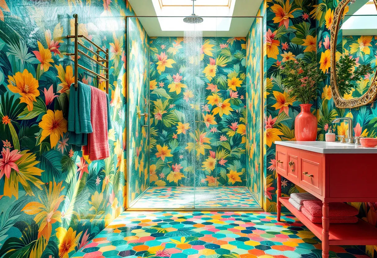 This tropical bathroom is a vibrant oasis, bursting with color and life. The walls are adorned with bold floral patterns featuring lush green leaves and vivid yellow and pink hibiscus flowers, creating a lively, immersive atmosphere. The shower area seamlessly integrates into this tropical theme, with clear glass panels allowing the flower motifs to extend and envelope the entire space. A rain showerhead positioned under a skylight ensures the area is bathed in natural light, enhancing the invigorating tropical feel.

The floor complements the walls with its own vibrant design, featuring hexagonal tiles in a spectrum of bright colors like turquoise, pink, and yellow. A standout feature is the red vanity, which adds a striking contrast while maintaining the colorful theme. It is topped with a sleek white countertop, and above it hangs an elegant oval mirror framed with gold. Adjacent to the vanity is a bold red vase filled with greenery, adding an additional layer of tropical charm to this exuberant yet harmonious space.