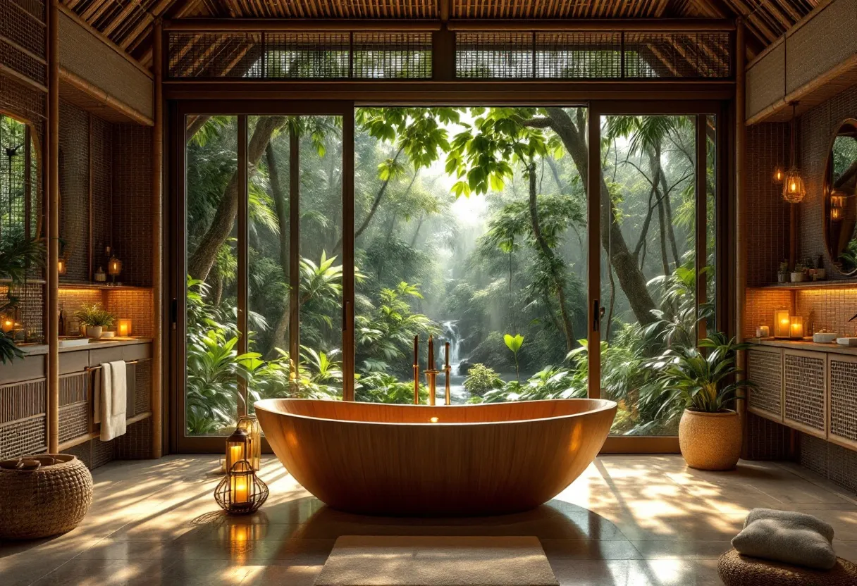 This tropical bathroom exudes a serene and luxurious ambiance, seamlessly blending indoor and outdoor elements. The focal point is a beautifully crafted wooden bathtub, which anchors the room and echoes the natural materials used throughout. Surrounding the tub is a lush view of a tropical paradise, visible through expansive glass doors that invite ample natural light and provide a breathtaking connection to nature. The lush greenery outside enhances the tranquil atmosphere, making this a perfect retreat for relaxation and rejuvenation.

The interior design incorporates earthy tones and textures, further emphasizing the tropical theme. The walls and ceiling use natural wood and wicker accents, creating a warm and inviting space. Decorative elements, such as softly glowing lanterns and strategically placed plants, add to the ambiance, casting gentle shadows and enhancing the organic feel of the room. The overall design is harmonious, balancing elegance and simplicity, making the bathroom a peaceful escape from daily life.