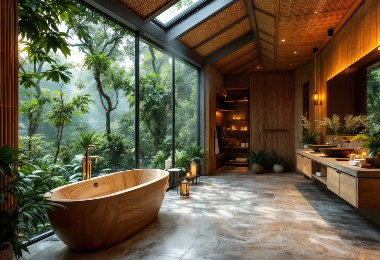 This tropical bathroom exudes a serene oasis feel, seamlessly integrating nature with modern luxury. The centerpiece is a stunning wooden bathtub with elegant curves, complementing the warm tones of the interior. The use of natural materials, like the wooden panels and fixtures, enhances the organic ambiance. The flooring features large tiles in earthy tones, adding to the overall tranquil vibe. Abundant greenery placed strategically throughout the space brings a refreshing touch of the outdoors inside.

The floor-to-ceiling windows are a striking feature, offering breathtaking views of lush, vibrant tropical foliage, which blurs the line between the interior and the natural world outside. The ceiling is beautifully designed with woven textures that echo the natural theme. Subdued lighting, cleverly incorporated in shelving and around the vanity area, provides a soft, inviting glow, perfect for relaxation. Sconces and candlelight add to the warmth, making the bathroom an inviting retreat reminiscent of a high-end spa.