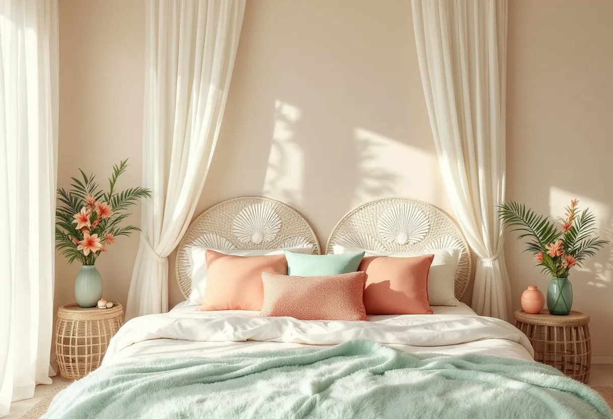 This tropical bedroom exudes a serene and refreshing ambiance, marked by its delicate interplay of colors and textures. The bed is adorned with a collection of cushions in soft coral and mint tones, which adds a lively yet soothing contrast to the creamy white bedding. The headboard, crafted from woven materials, enhances the room's tropical aesthetic and invites relaxation with its natural elegance. The use of sheer white curtains, draped gracefully around the headboard, allows sunlight to stream in gently, creating a play of shadows that dance across the walls and floor.

The room is further enlivened by the presence of lush greenery and vibrant flowers placed on bedside tables. These accents infuse the space with a sense of freshness and connect the indoor environment with the beauty of the tropics. The tables, with their rattan texture, complement the natural theme of the room, reinforcing the tropical vibe. Subtle elements such as the soft teal throw blanket at the foot of the bed add an additional layer of texture, completing a tranquil setting that beckons relaxation and retreat.