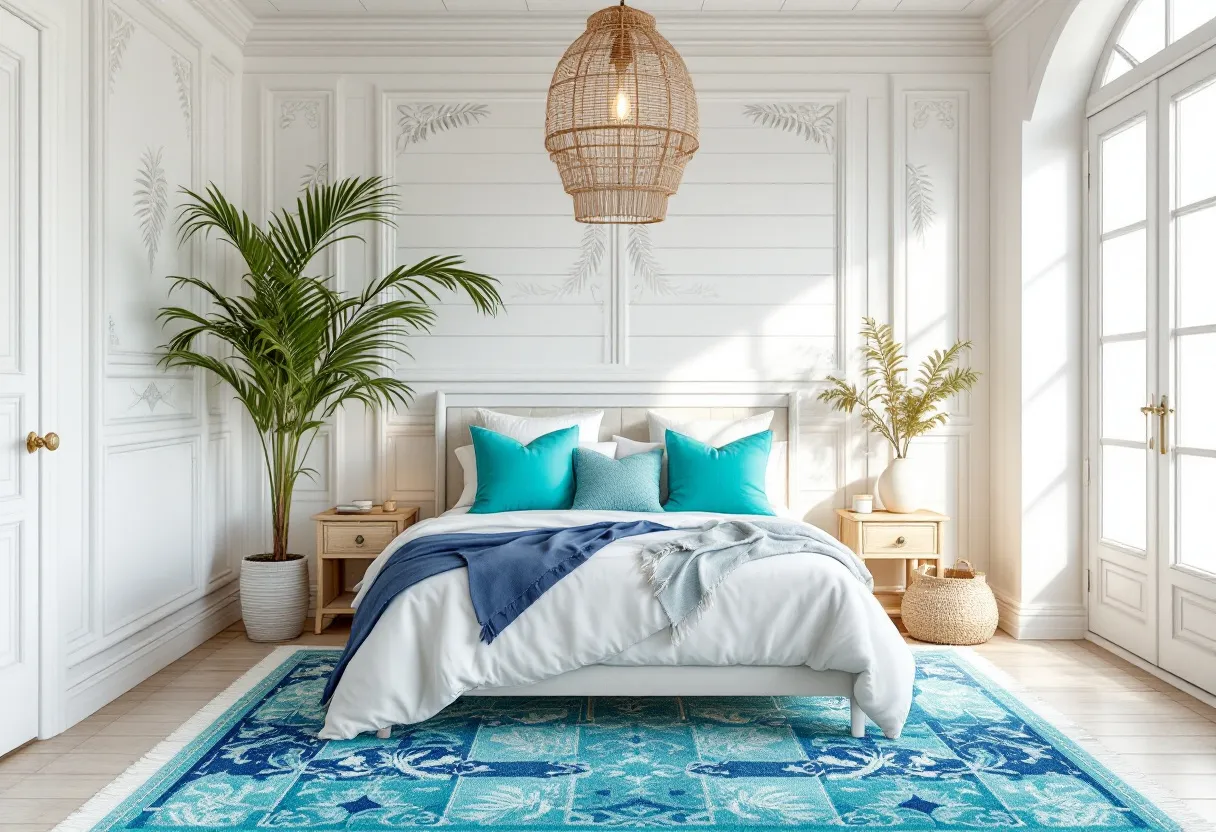 This tropical bedroom exudes a serene and inviting atmosphere, characterized by its bright and airy design. The room showcases a harmonious blend of white walls accented with subtle botanical patterns, adding a touch of nature to the space. The centerpiece is a cozy bed adorned with crisp white linens, complemented by vibrant turquoise pillows that evoke a sense of the ocean. A woven rattan pendant light hangs overhead, adding texture and a hint of tropical charm to the room.

The room is further enhanced by carefully selected decor elements that emphasize the tropical theme. Positioned next to the bed are light wood nightstands with minimalistic designs, supporting small decorative items and a soft, warm ambiance. A couple of lush green plants flank the bed, bringing life and freshness into the space. The floor is anchored by a bold, patterned rug in various shades of blue, unifying the room's color palette while providing a cozy underfoot sensation. The large windows allow an abundance of natural light to flood the room, creating an open and tranquil environment ideal for relaxation.