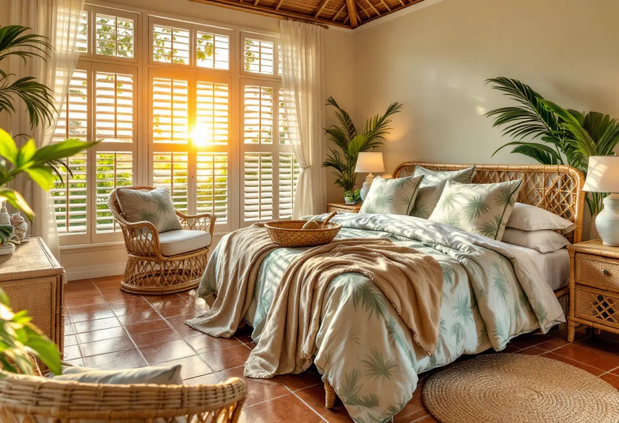 This tropical bedroom exudes a serene and inviting atmosphere, characterized by natural elements and warm tones. The rattan furniture, including the bed frame, bedside tables, and chairs, adds an organic feel to the space, while the greenery from the potted plants enhances the tropical ambiance. The bedding, adorned with subtle palm leaf patterns, complements the theme, creating a cohesive and relaxed look. Sunlight streaming through the window with white shutters casts a warm glow across the terracotta tile flooring, emphasizing the earthy color palette.

The room is thoughtfully arranged to maximize comfort and aesthetics. Light, sheer curtains frame the windows, allowing natural light to fill the room, while providing a gentle softness to the overall design. A woven area rug adds texture and warmth to the floor near the bed. The combination of soft whites, beiges, and greens creates a harmonious environment ideal for relaxation. The gentle curves of the furniture and decor contribute to the soothing, vacation-like vibe of this tropical retreat.