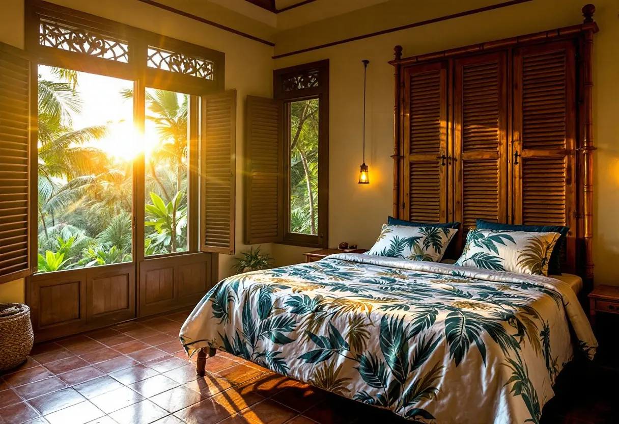 This tropical bedroom exudes a warm and inviting atmosphere with its use of natural materials and earthy tones. The room features large windows with wooden shutters, allowing an abundance of natural light to flood the space and offering a view of lush greenery outside. The sunlight streaming through the windows highlights the terracotta-colored tile flooring, which adds a rustic charm to the setting. The bamboo accents, seen in the bed frame and wardrobe, contribute to the tropical theme and create a sense of connection with the surrounding nature.

The bedding complements the overall theme with its bold leaf patterns in shades of green and blue, echoing the tropical setting outside. A pendant light hanging beside the bed provides a soft, warm glow, enhancing the cozy ambiance. The room’s aesthetic is both calming and rejuvenating, making it an ideal retreat for relaxation in a picturesque tropical locale.