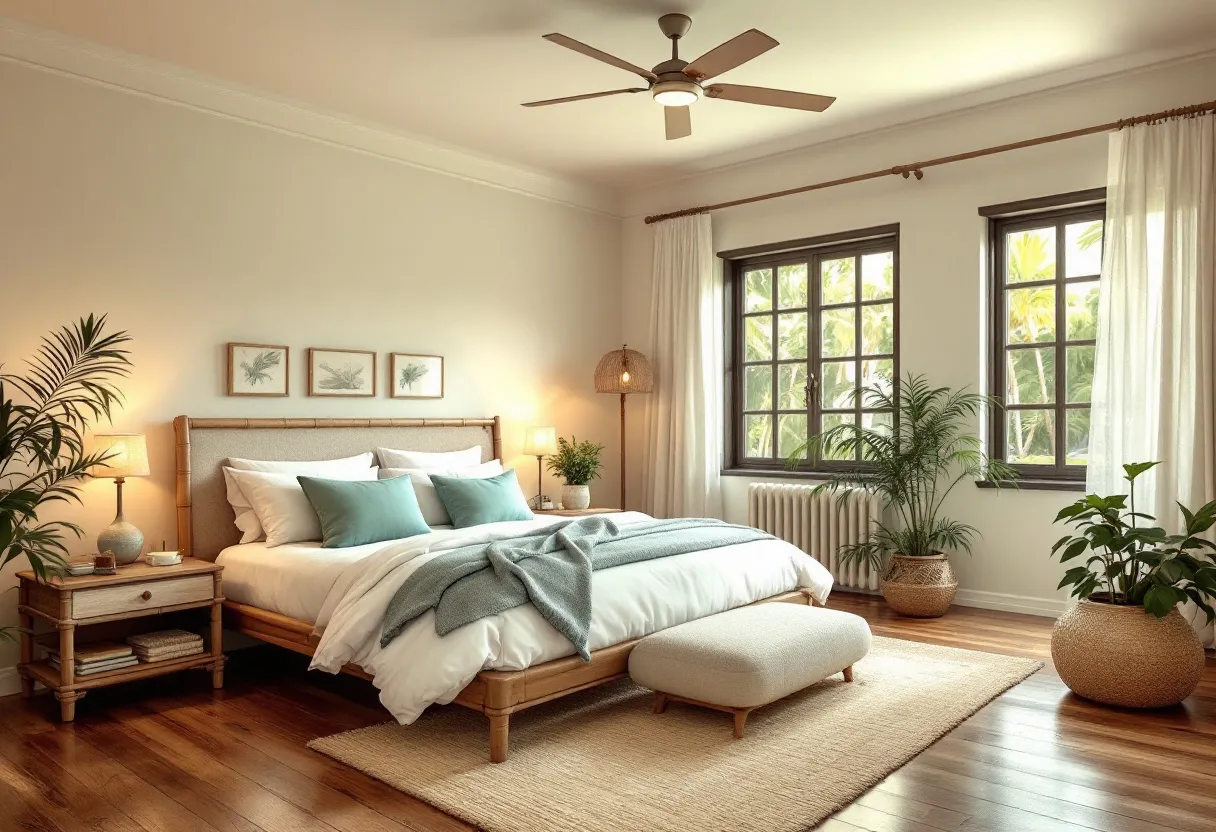 This tropical bedroom exudes a calming and serene ambiance, with a harmonious blend of natural and earthy tones. The centerpiece, a cozy bed, is adorned with crisp white linens accented by soothing teal cushions and a matching throw, providing a touch of freshness. The wooden bed frame and bedside table add warmth to the space, complemented by the woven basket storage underneath. The flooring continues the wooden theme, enhancing the tropical feel. Above the bed, three botanical prints echo the lush greenery seen elsewhere in the room, tying the space together with a thematic continuity.

Large windows drape the room with natural light, illuminating the vibrant green plants strategically placed to infuse life and energy. The subtle light fixtures, including a table lamp on the nightstand and a hanging woven lamp, add a soft glow during the evening hours. The ceiling fan overhead adds a functional yet stylish touch, perfect for maintaining a breezy tropical environment. This bedroom, with its thoughtful incorporation of nature-inspired elements, provides a restful retreat with a nod to the outdoors.