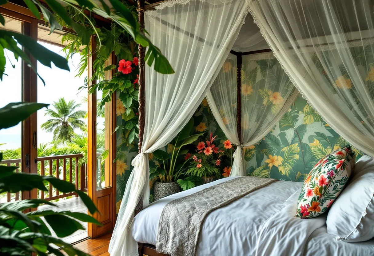 This tropical bedroom exudes a lush, inviting atmosphere, a seamless blend of natural elements and decorative features. The center of attention is a canopy bed, draped elegantly with white, sheer curtains that invoke a sense of airiness and romance. The bed itself is dressed in crisp white bedding, complemented by a quilted throw, and adorned with a striking pillow that features vibrant tropical florals—orange and red hues standing out against a backdrop of leafy greens. This palette ties in harmoniously with the wall behind, where a tropical mural bursts into life with large leaves and colorful hibiscus flowers, enhancing the room's exotic charm.

The surrounding environment plays an equally important role in bringing the tropical theme to life. Through a large set of wooden-framed glass doors, lush greenery is visible, blending the line between the indoor and outdoor space and inviting the eye to a serene landscape view complete with swaying palm trees. The wooden flooring and rich textures emphasize the room’s earthy, organic vibe, creating a warm, relaxing sanctuary that feels both vibrant and tranquil. The presence of indoor plants further enriches the air of tropical luxury, making the room feel like a private haven in a natural paradise.