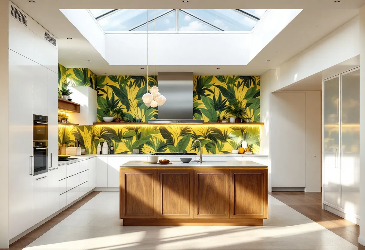 This tropical kitchen exudes a lively and refreshing ambiance with its vibrant wallpaper featuring lush green leaves against a yellow background. The design instantly brings the outdoors inside, creating a sense of harmony and tranquility. A central wooden island stands out as a focal point, offering both functionality and warmth. Above, a skylight floods the space with natural light, enhancing the bright and airy feel of the room.

The kitchen features sleek white cabinetry that provides a modern contrast to the tropical theme. Open shelves with under-cabinet lighting highlight decorative accents and plants, complementing the verdant motif. The combination of natural wood, bold patterns, and ample light creates an inviting space that is perfect for both cooking and entertaining.