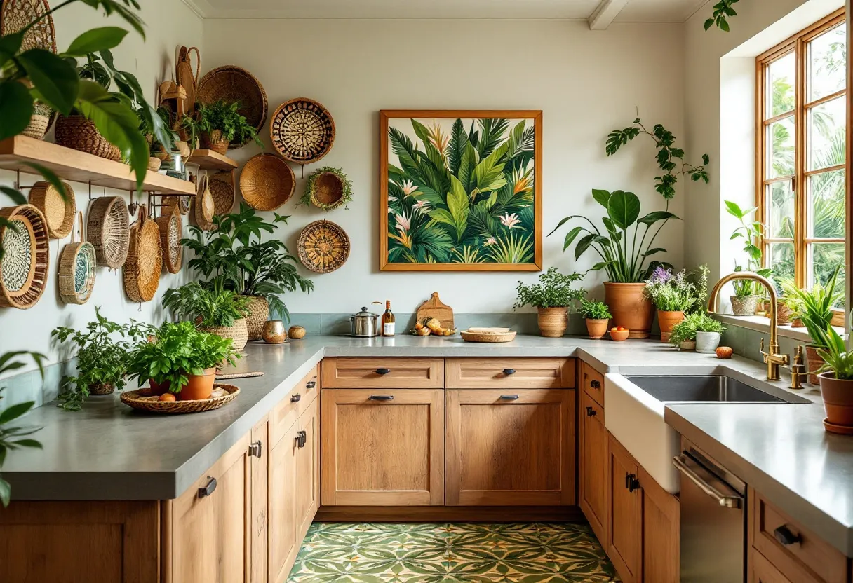 This tropical kitchen exudes a lush and vibrant atmosphere, inviting nature indoors through its abundant greenery and earthy tones. Large potted plants are strategically placed throughout the space, on countertops and shelves, complementing the natural wood cabinetry and bringing a fresh feel to the room. The presence of these plants, combined with the ample natural light streaming through the large windows, creates a serene and energizing environment perfect for culinary creativity.

The kitchen's aesthetic is further enhanced by a prominent piece of wall art depicting tropical foliage, which adds a colorful and artistic element to the room. The decorative woven baskets adorning the walls contribute to the tropical theme, adding texture and warmth. The use of green and gold tones in the flooring and fixtures ties the design together, ensuring a cohesive and welcoming atmosphere. Overall, this kitchen blends functionality with a sense of escape, making it a delightful space for both cooking and relaxation.