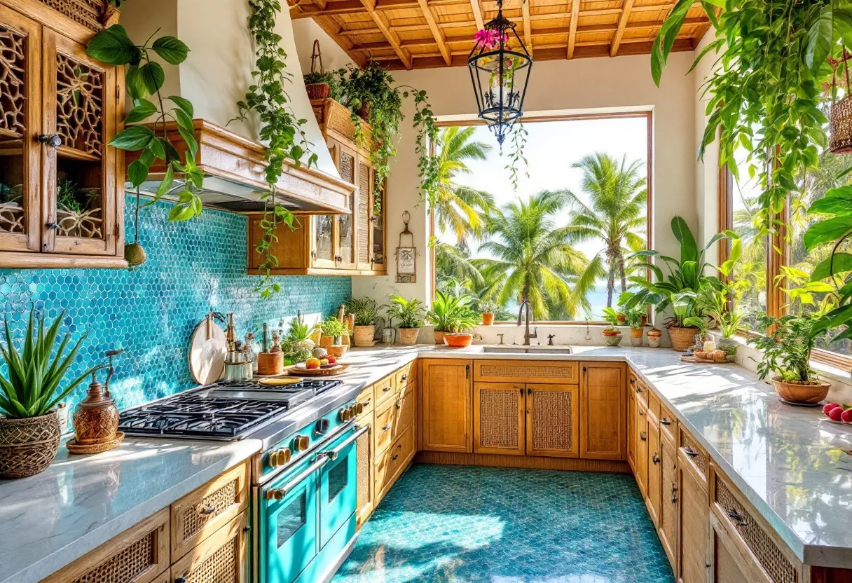 This tropical kitchen beautifully melds vibrant colors with natural elements, creating a warm and inviting space. The turquoise backsplash and floor tiles evoke a sense of being near the ocean, while the lush greenery throughout the kitchen enhances the tropical atmosphere. The cabinetry, with its natural wood finish and woven details, complements the overall theme and adds a sense of warmth and texture to the space.

Abundant natural light floods through large windows that overlook a stunning view of palm trees and the ocean, further connecting the kitchen to its tropical surroundings. The space is adorned with a variety of potted plants, which contribute to the verdant ambiance. A central light fixture adds a touch of elegance, highlighting the kitchen's open and airy design. Overall, this kitchen is a serene and inspiring place that invites culinary creativity amidst a tranquil, tropical setting.